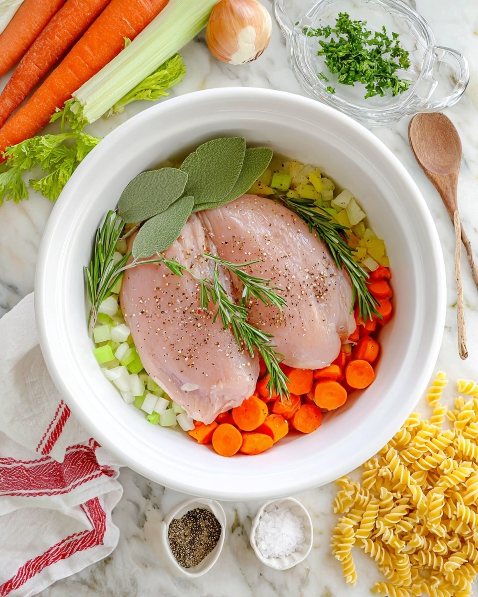 A white bowl holds a base layer of diced white onions, bright orange sliced carrots, and pale green celery pieces. On top, there are two raw pink chicken pieces lightly sprinkled with black pepper. Fresh green bay leaves and sprigs of rosemary rest on the chicken. Around the bowl on a white marbled surface, there are whole carrots, celery sticks, half of a white onion, fresh parsley green leaves, black pepper in a small white dish, salt in another small white dish, garlic cloves in a small white flower-shaped dish, a wooden spoon on a white cloth with red stripes, a glass dish with bay leaves and rosemary, and scattered uncooked yellow fusilli pasta spilling from a white paper bag. Photo taken with an iphone --ar 4:5 --v 7