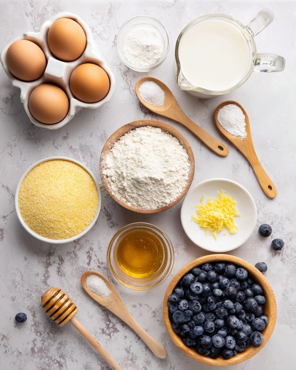The image shows ingredients neatly arranged on a white marbled surface. There are three brown eggs in a white egg holder in the top left corner. Next to the eggs is a small clear glass pitcher filled with milk. Below the pitcher, there is a small wooden bowl with white flour and another wooden bowl with yellow cornmeal nearby. Three wooden spoons hold white powdery ingredients like baking powder, baking soda, and salt, placed diagonally on the right side. A small white bowl filled with golden honey and a wooden honey dipper is near the bottom left, while a clear glass measuring cup with a liquid is beside it. In the bottom right, a wooden bowl is heaped with plump blueberries with a few scattered outside the bowl. Lastly, a small white plate holds freshly grated lemon zest. The setup is clean and neatly organized, with soft natural lighting. photo taken with an iphone --ar 4:5 --v 7