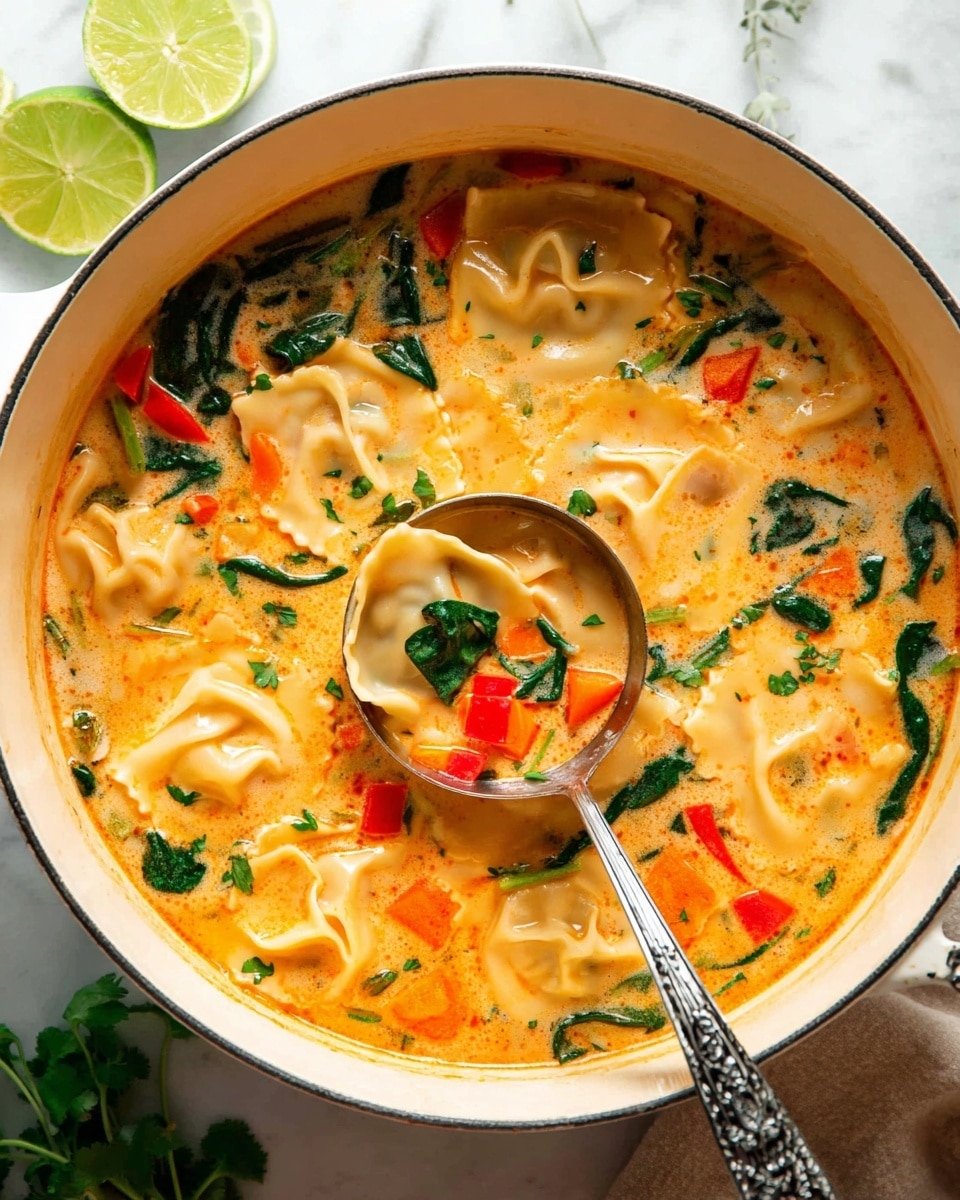 A white pot filled with light orange creamy soup with soft ravioli pasta floating on the surface. The ravioli pieces are pale with wrinkled edges and slightly translucent. Bright green spinach leaves and chopped fresh herbs are scattered among the ravioli. Small cubes of red bell pepper and orange carrots add vibrant color throughout the soup. A silver ladle is scooping up some ravioli, spinach, and vegetables, positioned in the center of the pot. The pot is placed on a white marbled surface with lime wedges and a green herb sprig nearby. Photo taken with an iphone --ar 4:5 --v 7