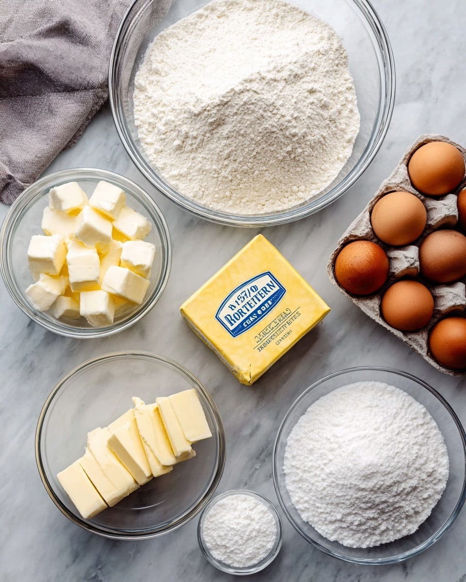 The image shows a top view of baking ingredients arranged on a white marbled surface. There is a large clear glass bowl filled with white flour on the top center, next to a rectangular yellow box of butter labeled