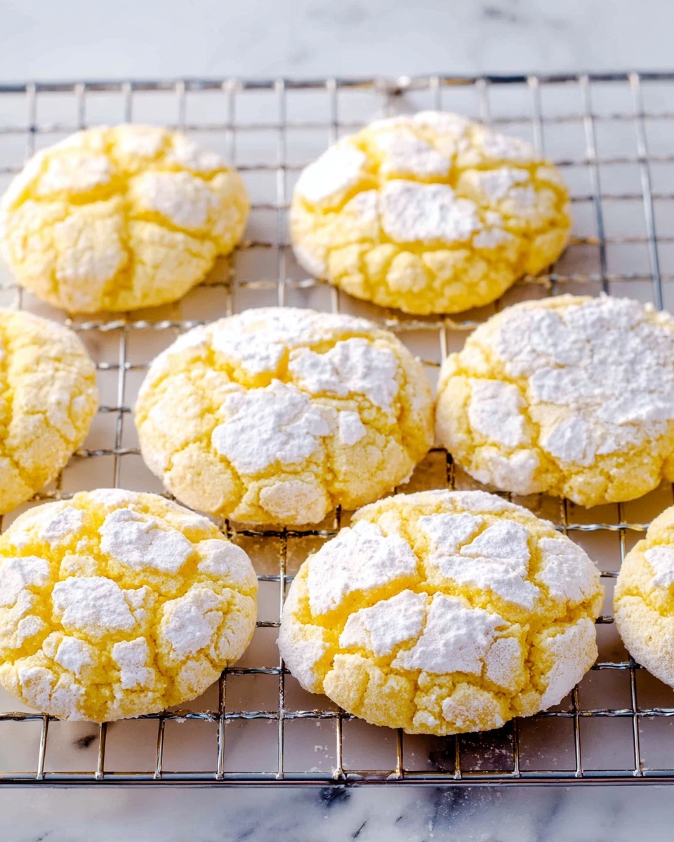 A group of yellow crinkle cookies with white powdered sugar cracks on top are placed on a silver cooling rack over a white marbled surface. The cookies are round with a slightly rough texture, and the powdered sugar forms uneven patches across each cookie, creating a cracked look. The lighting is bright, emphasizing the soft texture and the powder's contrast against the yellow dough. Photo taken with an iphone --ar 4:5 --v 7