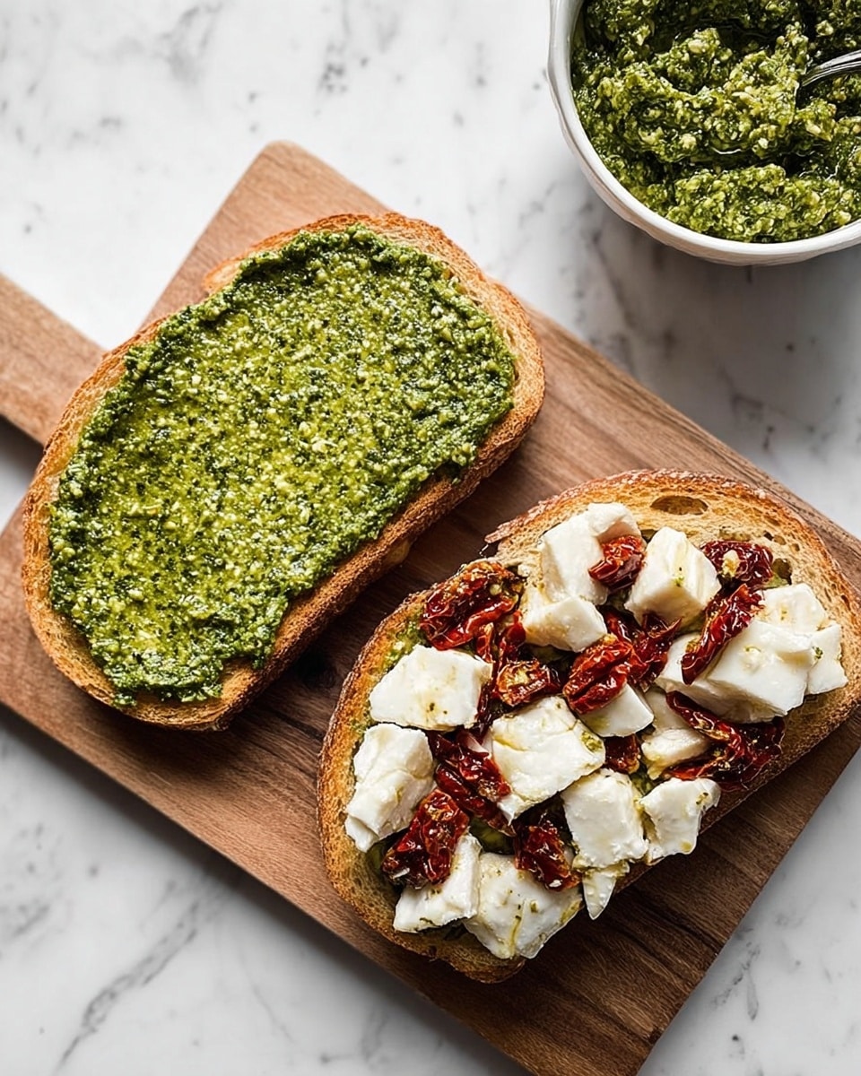 Two slices of toasted bread on a wooden board over a white marbled surface. The slice on the left is spread thickly with bright green pesto, showing a coarse texture and even coverage. The slice on the right has a base layer of the same pesto topped with irregular chunks of white mozzarella cheese and scattered pieces of sun-dried tomatoes, adding red and creamy white spots over the green. To the upper left, there is a white bowl filled with more green pesto. The photo is taken with an iphone --ar 4:5 --v 7
