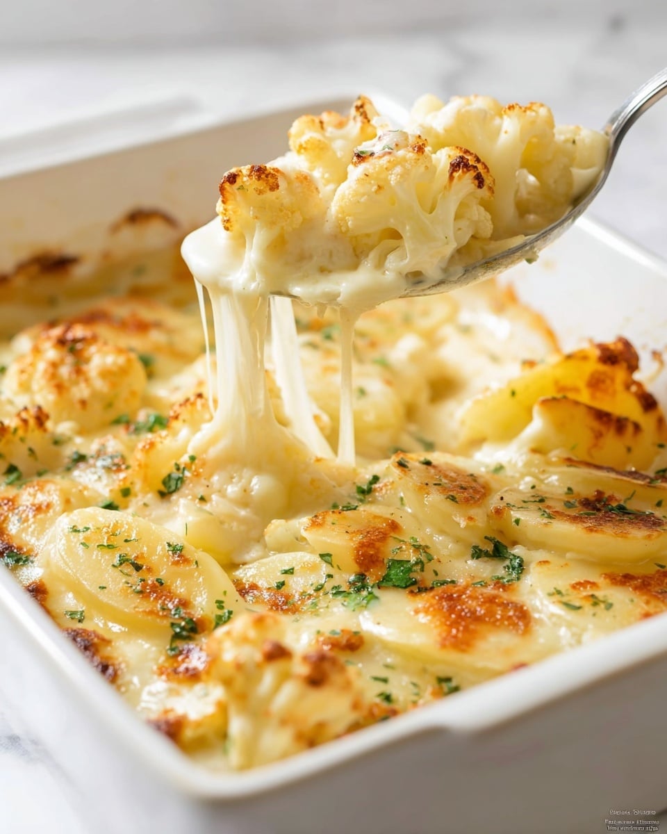 A white baking dish holds a creamy layered potato and cauliflower bake. The bottom layer shows soft, thinly sliced potatoes in pale yellow with some golden-brown edges, sprinkled with green parsley pieces. Above this is a mix of cauliflower florets with a light toasted top and creamy cheese sauce that is melting and stretching from a spoon lifting a portion out of the dish. The cheese looks smooth and slightly browned on top, blending with the pale textures of the potatoes and cauliflower. The dish sits on a white marbled surface. Photo taken with an iphone --ar 4:5 --v 7