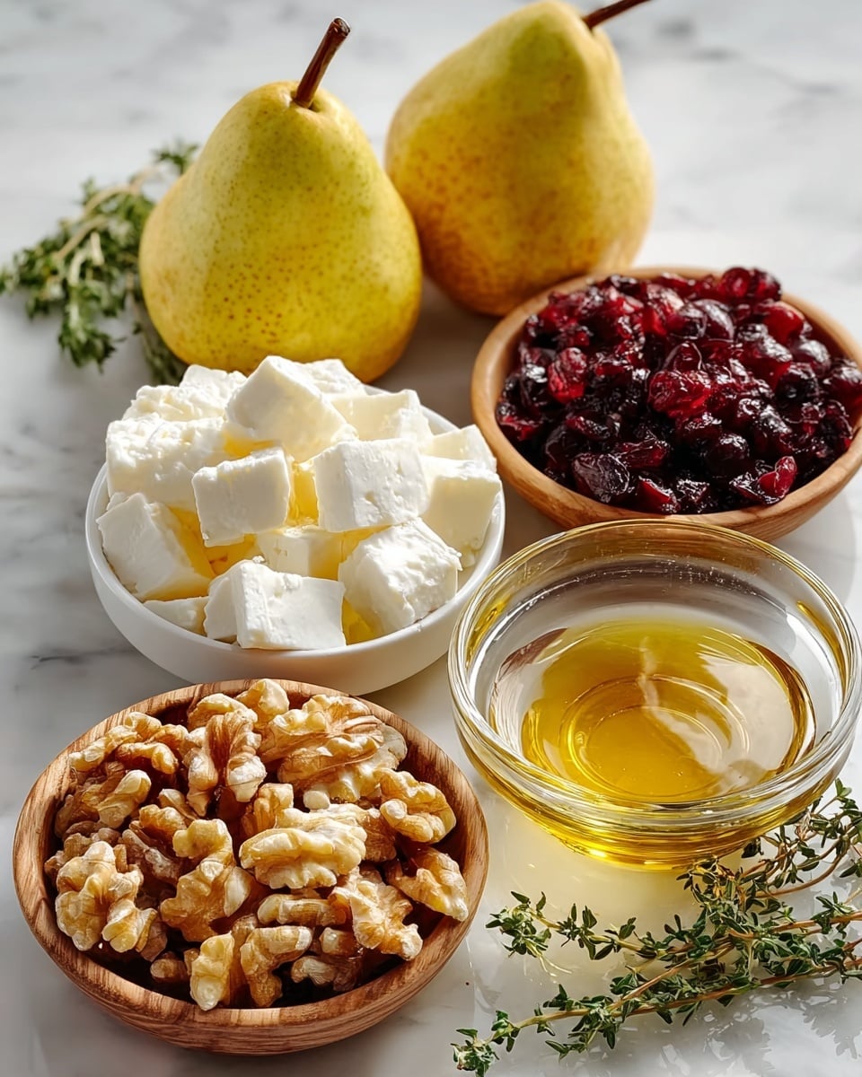 The image shows two whole yellow pears with small brown speckles placed on a white marbled surface. In front of them are five small bowls arranged in a loose cluster. The closest bowl is a wooden one filled with light brown walnut halves showing a rough texture. Next to it on the right, there is a clear glass bowl with golden honey liquid reflecting light. Behind the honey, another wooden bowl holds shiny dark red dried cranberries. To the left of the cranberries is a white bowl filled with white cheese cubes that have a smooth, creamy look. Behind this bowl, there is another white bowl filled with crumbly white cheese pieces. Small sprigs of fresh green herbs are nearby. The photo taken with an iphone --ar 4:5 --v 7