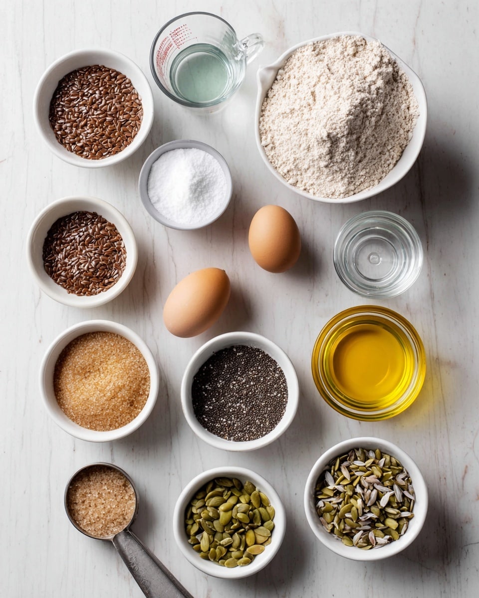 A white marbled surface holds a collection of small white bowls and a glass cup arranged neatly. The top right has a large white bowl filled with light tan powder, next to a clear glass measuring cup with water. Below are two white bowls containing dark brown flax seeds and white powder, with a small white bowl of light salt above two brown eggs and a tiny white bowl of amber liquid nearby. A round transparent bowl filled with golden olive oil sits near the center right. Towards the bottom are three more white containers: one with light tan brown sugar in a metal measuring spoon, one with sunflower seeds, and one with green pumpkin seeds, alongside a white bowl filled with black chia seeds. Everything is on a white marbled texture photo taken with an iphone --ar 4:5 --v 7
