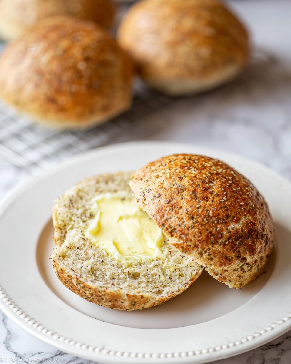 The image shows a close-up of a round sandwich bun sliced in half on a white plate with a decorative edge, placed on a white marbled surface. The top layer is a light golden brown crust with a textured surface, while the inside reveals a soft, speckled crumb dotted with seeds and grains. A thin layer of pale yellow butter is spread unevenly over the inner surface of the top bun. In the background, two whole buns with a similar golden color and speckled texture sit on a cooling rack, slightly out of focus. The lighting is soft and natural, highlighting the crumb's detail and the butter's slight gloss. Photo taken with an iphone --ar 4:5 --v 7