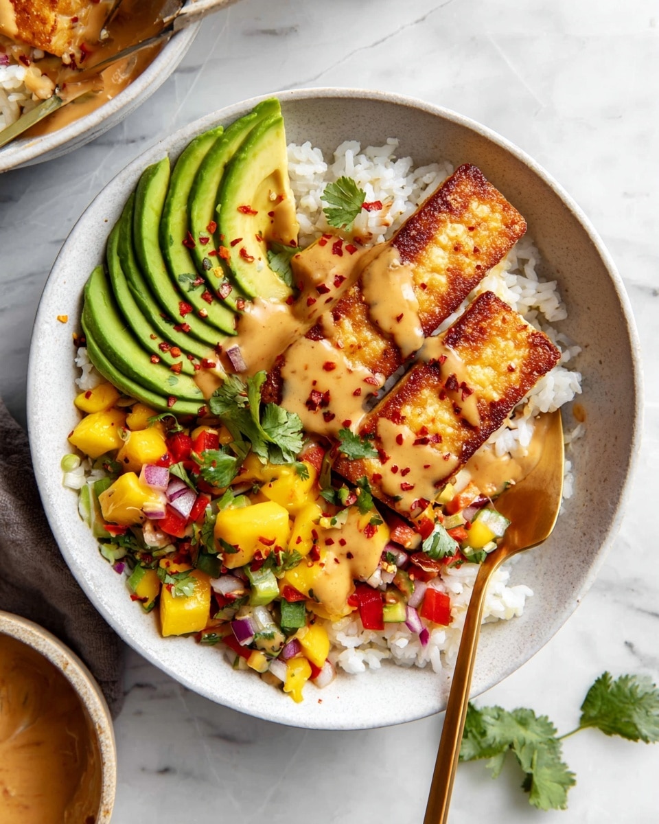 A white bowl sits on a white marbled surface, filled with a base layer of white rice. On top of the rice, there are two browned, crispy rectangular pieces of tofu placed side by side. To the left, several slices of fresh green avocado fan out, while bright yellow mango salsa with small pieces of red onion, red bell pepper, and green cilantro is piled on the tofu and rice. A thick, creamy light brown sauce is drizzled over the tofu, avocado, and salsa, with small red chili flakes sprinkled on top. A gold spoon leans on the right side of the bowl. photo taken with an iphone --ar 4:5 --v 7