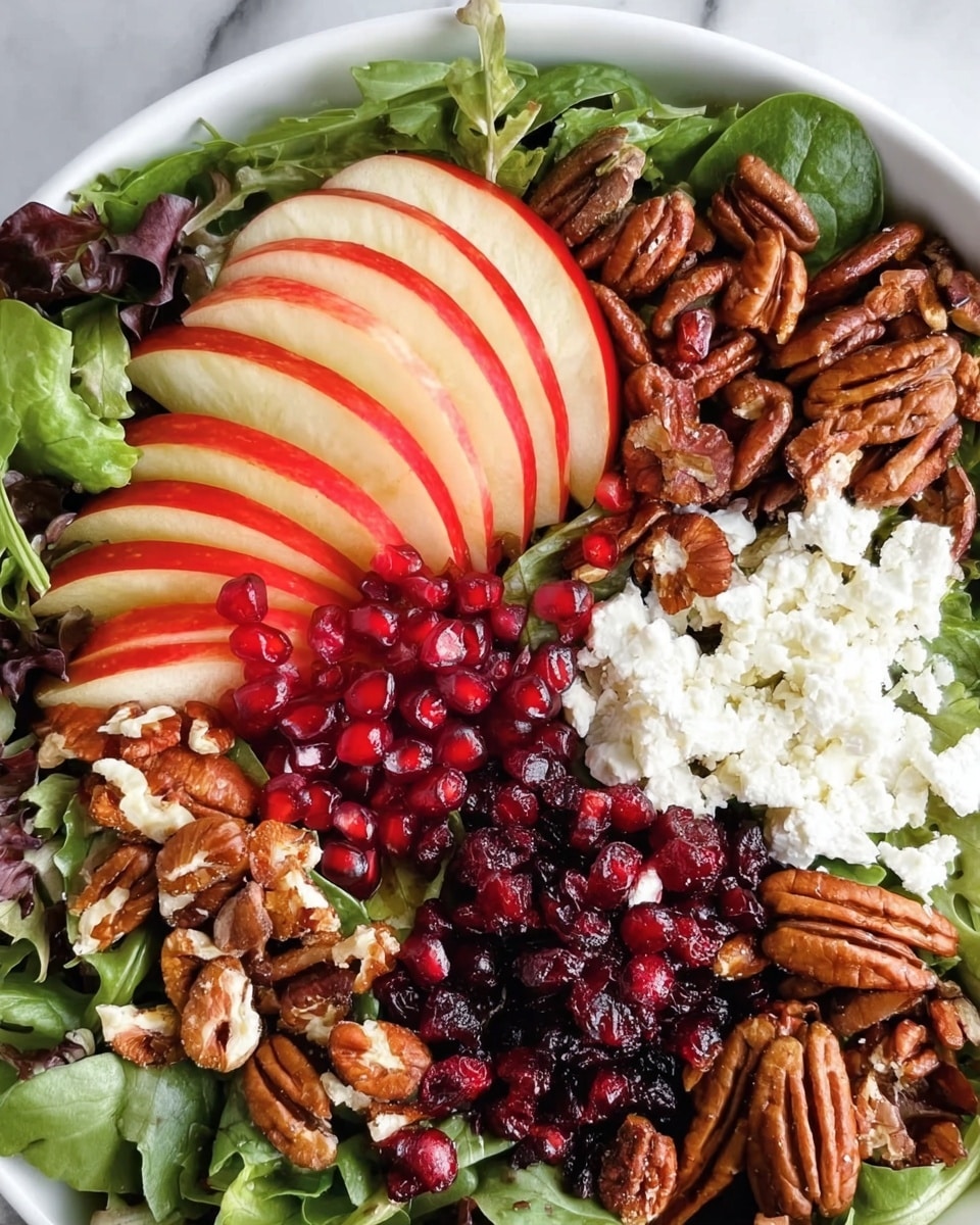 A white bowl filled with a colorful salad on a white marbled surface, containing a bed of mixed green leaves as the base layer, topped with thin slices of red apple arranged in a fan shape on one side, small piles of bright red pomegranate seeds and dark red dried cranberries placed close together, clusters of light brown pecans spread around, and crumbled white cheese scattered near the fruit, creating a vibrant and fresh mix of textures and colors photo taken with an iphone --ar 4:5 --v 7