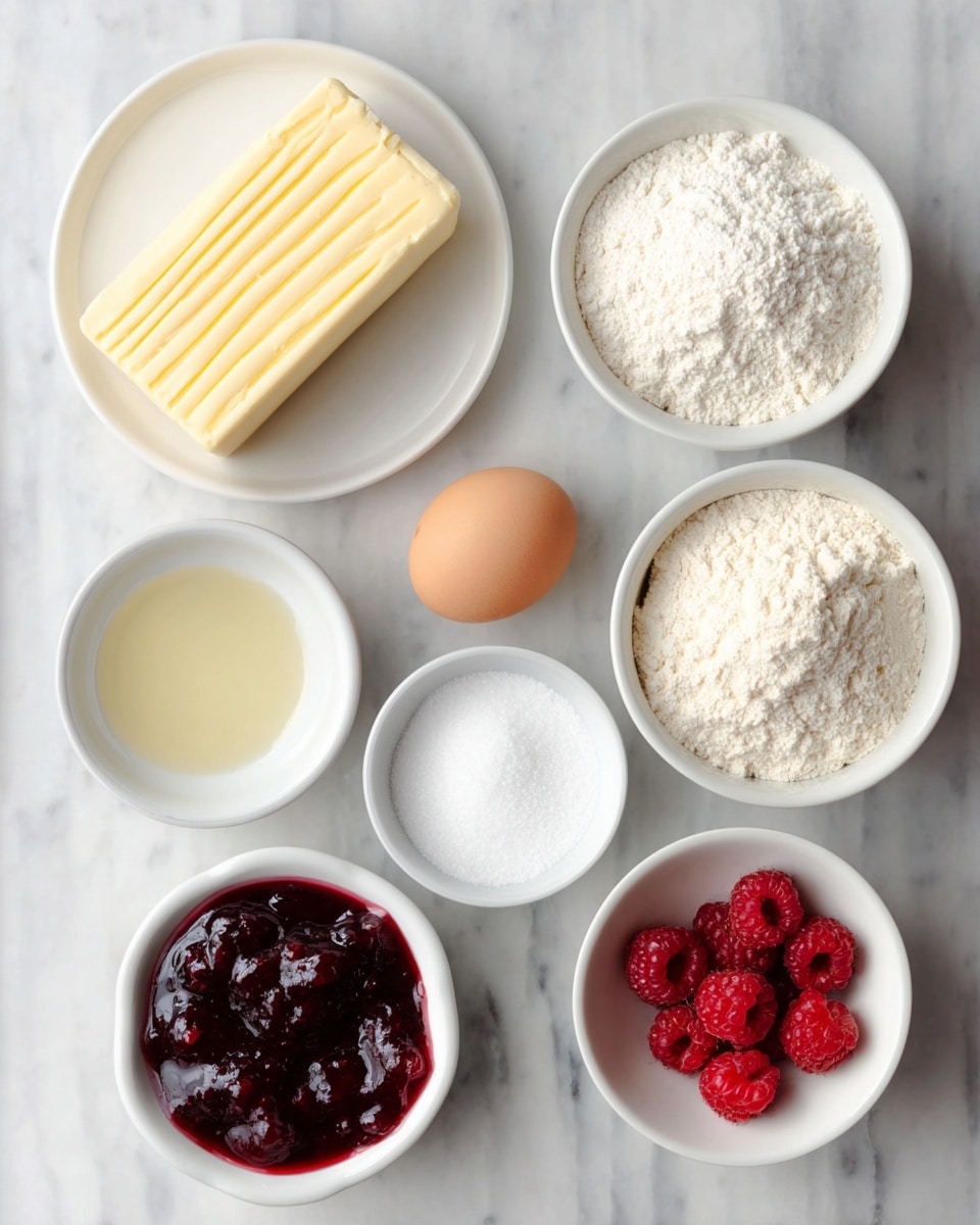 A clean arrangement of baking ingredients on a white marbled surface includes a rectangular block of pale yellow butter with ridges on a white plate at top left, surrounded by seven white bowls with various powders and liquids: bright white powdered sugar at top right, off-white flour at bottom right, light beige flour at bottom left, shiny, deep red berry jam with visible fruit chunks at bottom left corner, clear pale oil in a small bowl near the center, and small white granulated sugar beside it. In the middle is a single smooth brown egg, and to the right of it, a tiny bowl with five fresh red raspberries sits near the sugar bowl. Photo taken with an iphone --ar 4:5 --v 7