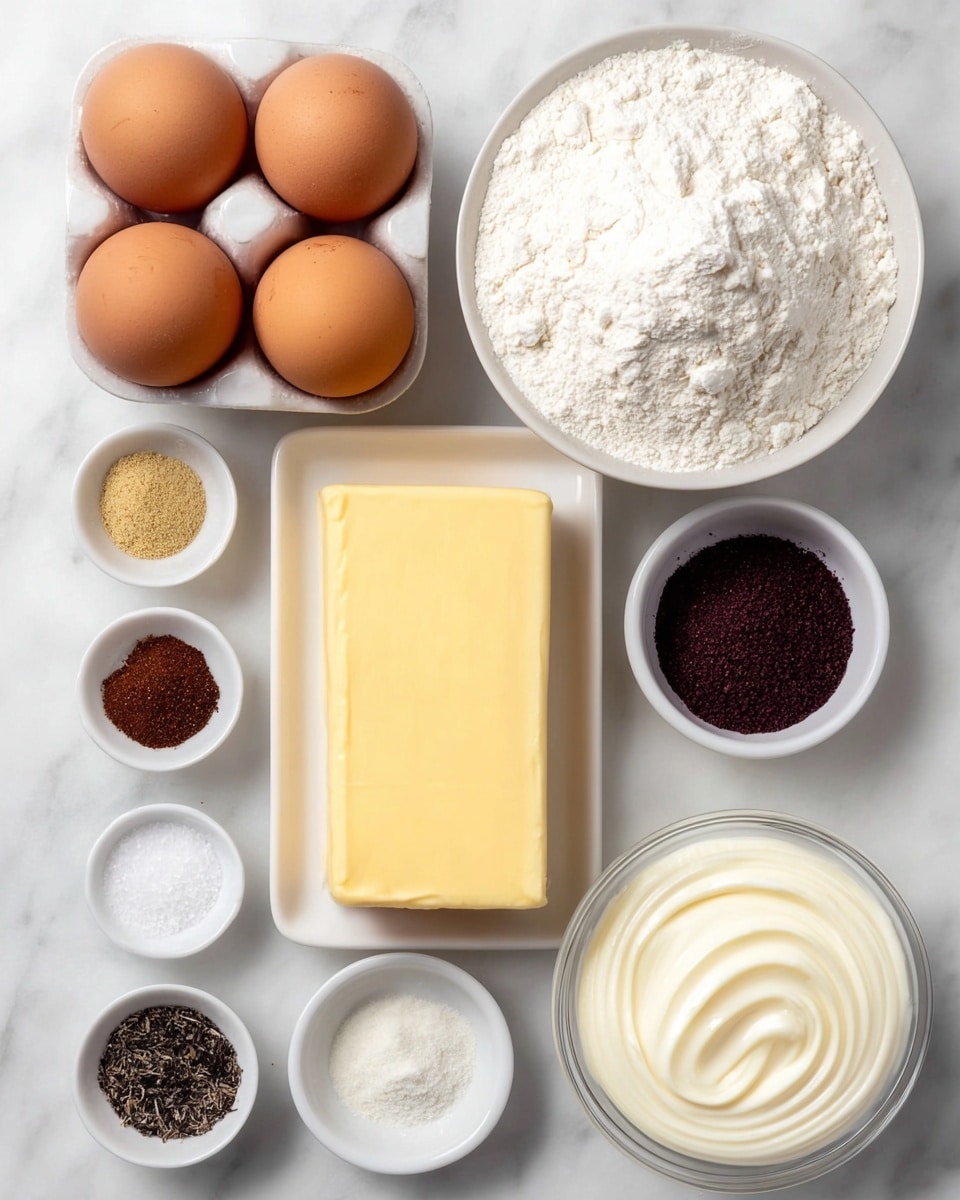 The image shows baking ingredients neatly arranged on a white marbled surface. There are four brown eggs grouped on the top left, alongside a large white bowl filled with white flour to the right. Below the eggs, a large rectangular block of smooth, yellow butter sits on a small white rectangular plate. Surrounding the butter and flour are six small white round bowls holding various spices and salts, including a light brown powder, deep purple powder, white granulated salt, dark dried herb pieces, fine white salt, and a dark brown powder. At the bottom right corner, there is a white round bowl filled with creamy white yogurt, softly swirled on the surface. Photo taken with an iphone --ar 4:5 --v 7