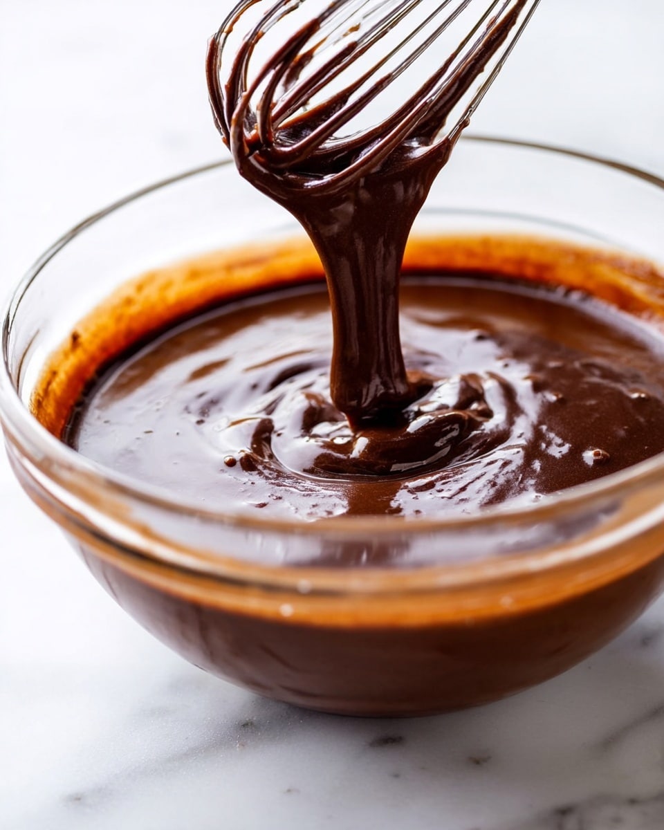 A clear glass bowl filled with thick, dark brown chocolate batter with a smooth, glossy texture. A metallic whisk is lifting some of the batter, which is slowly dripping back into the bowl, showing the batter’s rich, creamy flow. The background and surface are white marble, providing a clean and bright contrast to the dark batter. Photo taken with an iphone --ar 4:5 --v 7