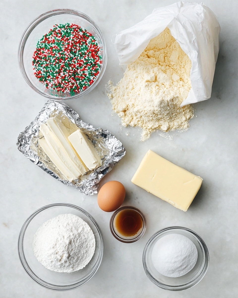 The image shows a top view of several baking ingredients arranged on a white marbled surface. There is a small clear glass bowl at the top left filled with red, green, and white sprinkles. To the right, there is a white paper bag partially open, spilling out a light yellow crumbly flour mixture. Below the sprinkles is a silver foil packet opened to show slices of white cream cheese inside. To the right of the cheese is a solid pale yellow stick of butter. Below the butter is a small clear glass bowl holding a whole brown egg. Near the bottom left corner is another clear glass bowl filled with fine white powdered sugar. Next to the egg bowl is a tiny clear glass container with brown vanilla extract. All items are set neatly apart from each other, and the lighting is bright and even, highlighting the textures clearly. Photo taken with an iphone --ar 4:5 --v 7
