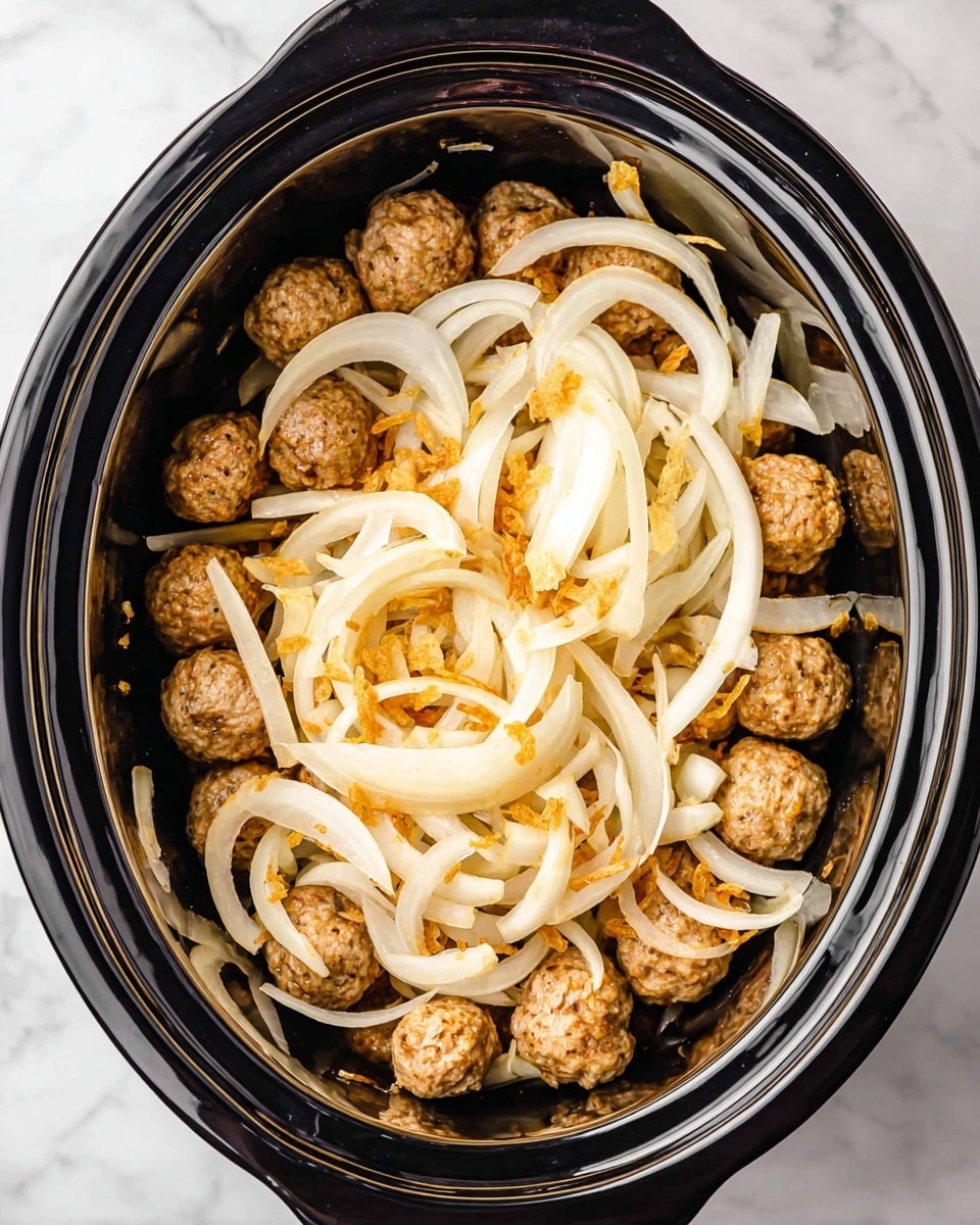 Inside a black slow cooker, there are two main layers visible. The bottom layer has small round meatballs colored light brown and textured with a slightly rough surface. Over the meatballs, there is a thick layer of sliced onions, white with pale yellow shades and a firm texture, curling and scattered unevenly on top. Mixed among the onions are small pieces of golden-brown crispy bits that add texture. The whole scene sits on a white marbled surface, giving a clean and bright background. photo taken with an iphone --ar 4:5 --v 7