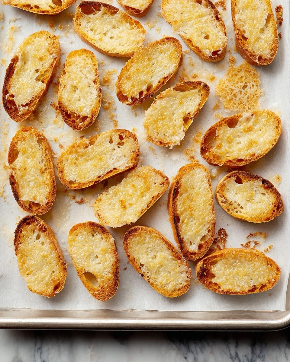 The image shows many small slices of toasted bread arranged on a baking tray lined with white parchment paper. Each slice is oval-shaped with a golden-brown toasted center and slightly darker edges. Thin layers of crispy melted cheese extend beyond the edges of the bread slices, forming irregular, lace-like golden patches around them. The tray is resting on a white marbled surface, and the overall tone is warm and inviting. photo taken with an iphone --ar 4:5 --v 7