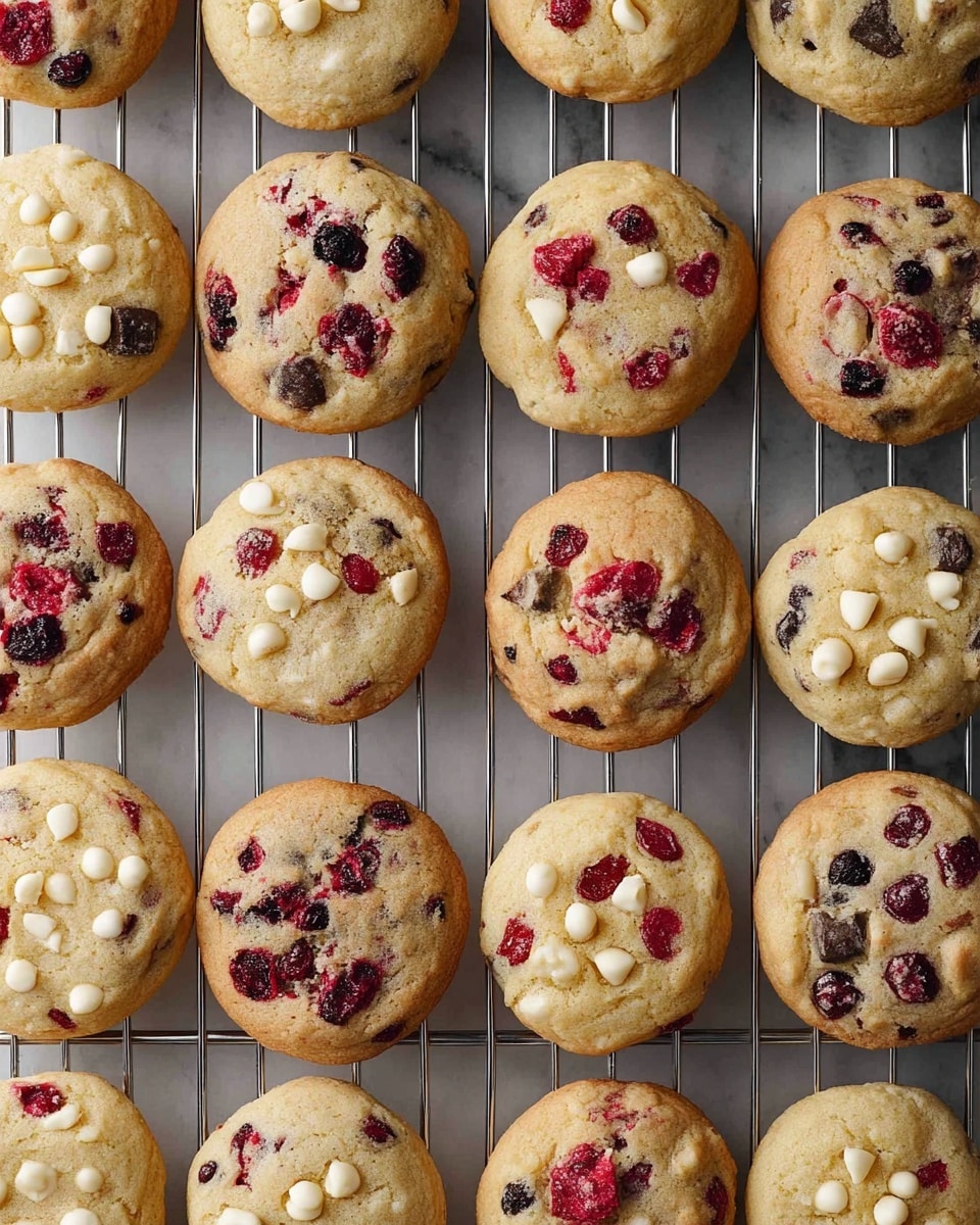 The image shows many round cookies on a metal wire cooling rack, placed on a white marbled surface. The cookies are of two types: one with pale golden dough and dark pieces mixed in, topped with some white chips, and another type with the same pale dough but mixed with bright red berry pieces and a few white chips, giving a contrast of red and white spots. Each cookie is about the same size, with a soft, uneven texture on the surface, and they are arranged closely together in rows. photo taken with an iphone --ar 4:5 --v 7