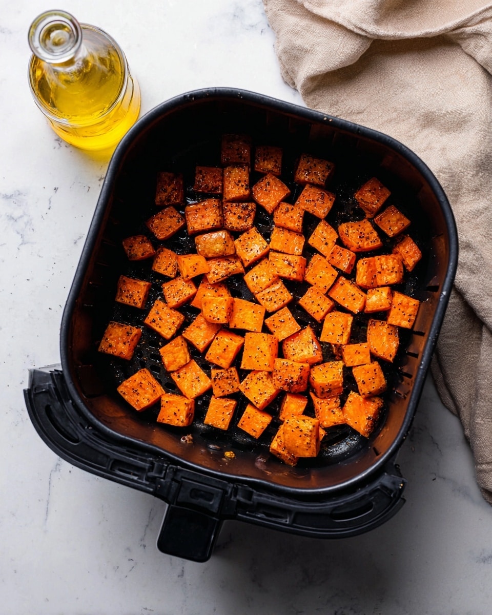 Inside a black air fryer basket, there are many small, evenly cut orange cubes of roasted sweet potatoes with a slightly crispy, shiny texture. The cubes have some black specks, likely seasoning, scattered over them. To the top left of the basket, there is a clear glass bottle filled with golden oil, and to the right, a soft beige cloth is casually placed. The scene is set on a white marbled surface, creating a clean and simple background. photo taken with an iphone --ar 4:5 --v 7
