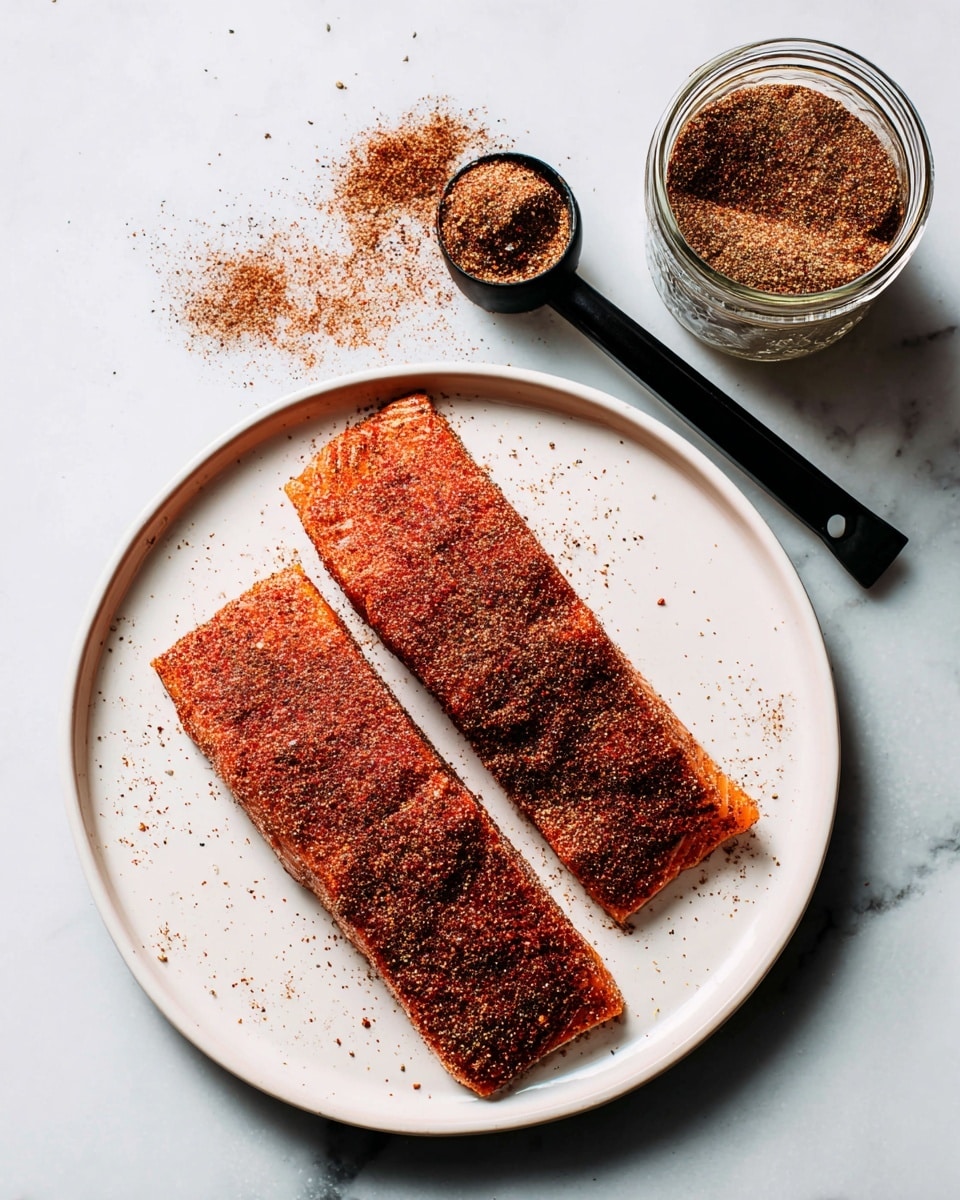 Two rectangular salmon fillets covered evenly with a dry spice rub, showing a mix of red and brown specks, lie on a white plate. To the right of the fillets, a black measuring spoon holds some of the spice mix, with extra spice scattered in a small pile nearby on the plate. At the top right corner of the image, there is a clear glass jar filled halfway with the same spice blend. All items rest on a white marbled surface. photo taken with an iphone --ar 4:5 --v 7