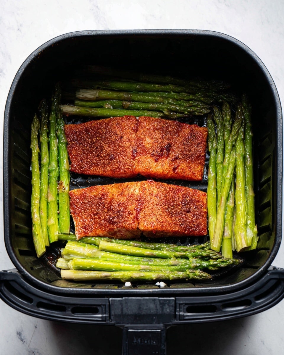 Inside a black air fryer basket, there are two spicy, reddish-brown fish fillets placed in the center. On each side of the fish, there are bright green asparagus stalks arranged in neat bundles. The fish fillets have a textured crust with visible spices and a light sprinkle of salt on top. The asparagus looks fresh with a slight shine, and small salt crystals can be seen on them too. The background is a white marbled surface. Photo taken with an iphone --ar 4:5 --v 7