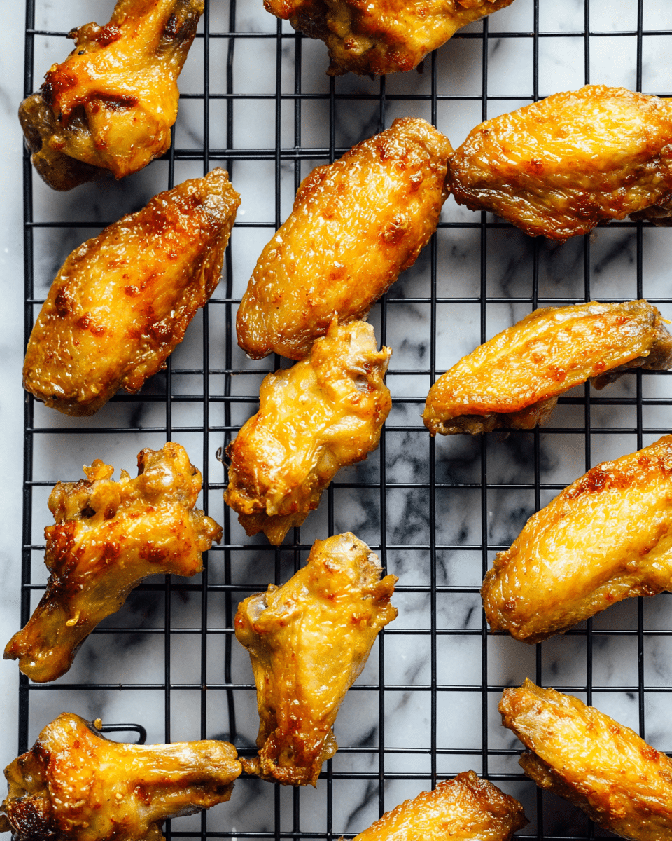 The image shows a single layer of golden brown chicken wings placed randomly on a black wire cooling rack. The wings have a shiny and slightly crispy texture with some darker spots showing areas of caramelization. The wire rack is set on a white marbled surface that adds subtle contrast, and the wings fill most of the frame with no additional items visible. photo taken with an iphone --ar 4:5 --v 7