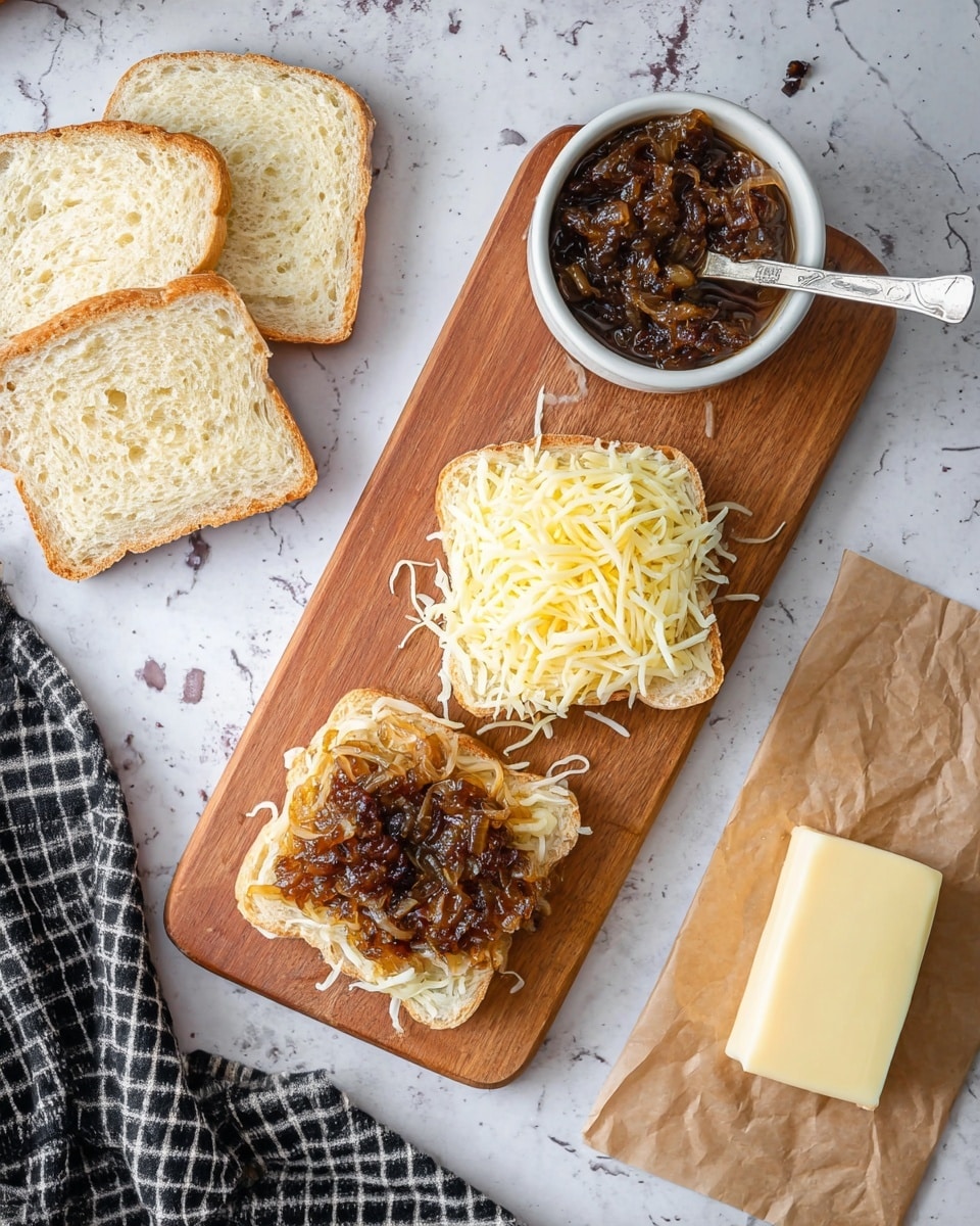 The image shows two open slices of bread on a wooden cutting board placed on a white marbled surface. One slice is covered with a thick pile of pale yellow shredded cheese, and the other slice has a layer of shredded cheese topped with dark brown caramelized onion jam that looks glossy and chunky. To the left of the cutting board, there are four more slices of bread arranged in a slightly fanned stack. On the top right corner, there is a small white bowl filled with the same caramelized onion jam, with a silver spoon resting inside. In the bottom right corner, there is a stick of pale yellow butter on a piece of brown parchment paper. A black and white checkered cloth is partially visible in the bottom left corner. Photo taken with an iphone --ar 4:5 --v 7