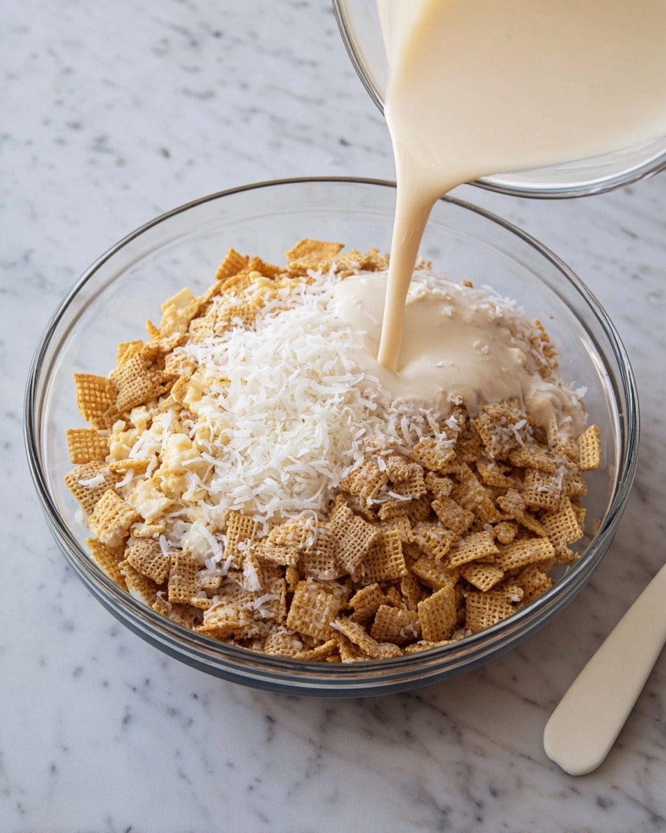 A clear glass bowl holds the mixture inside, sitting on a white marbled surface. The bowl contains three layers of chex cereals in shades of light brown, medium brown, and pale beige, along with clusters of white shredded coconut sprinkled evenly throughout. From above, a pale beige, creamy liquid is being poured into the bowl, partially covering the cereal and coconut layers in the center. The texture of the liquid looks smooth and thick as it flows down. A white spatula rests on the marbled surface to the right of the bowl. photo taken with an iphone --ar 4:5 --v 7