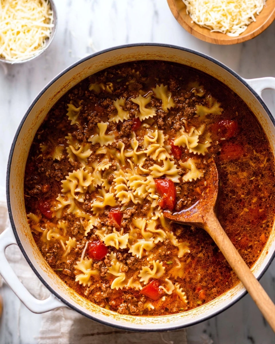 A white pot filled with a soup that has three main layers: at the top, there are wavy-edged pasta pieces in a pale yellow color, scattered evenly; below them, bright red tomato chunks add color contrast; the base layer is a mix of ground meat and reddish-brown broth that looks thick and rich. A wooden spoon is poking into the right side of the pot, slightly stained with soup. The pot sits on a white marbled surface, with a bowl of shredded cheese and a small bowl of salt partially visible in the background. photo taken with an iphone --ar 4:5 --v 7