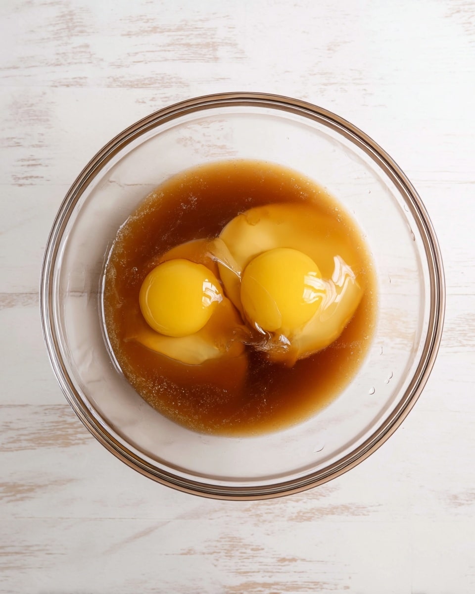 A clear glass bowl sits on a white marbled surface, holding two raw eggs with bright yellow yolks resting on a shiny, thick brown liquid. The bowl has a smooth round shape, and the view is from above, showing the ingredients clearly inside the bowl. The eggs and brown liquid form the only layers in this simple mix. photo taken with an iphone --ar 4:5 --v 7