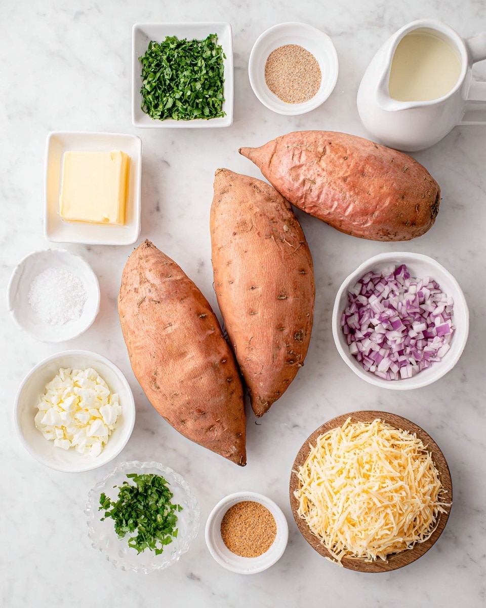 The image shows three whole sweet potatoes with rough orange skin placed on a white marbled surface. Around them, there are small white bowls holding different ingredients: bright green chopped herbs in a square bowl at the top left, a white jug of cream to the right of it, a small mound of light brown spice in a square bowl at the top right, finely chopped purple onions in a round white bowl below it, finely chopped garlic in another round white bowl to the left, and fresh green herb sprigs in a square bowl beneath the onions. There is also a square white bowl of salt below the sweet potatoes and a square white bowl with a stick of yellow butter on the bottom left. On the right bottom side, a small round wooden bowl contains shredded pale yellow cheese, and two white square bowls hold a light brown spice and white powder, completing the arrangement. All ingredients are neatly placed and well spaced out on the white marbled surface. photo taken with an iphone --ar 4:5 --v 7