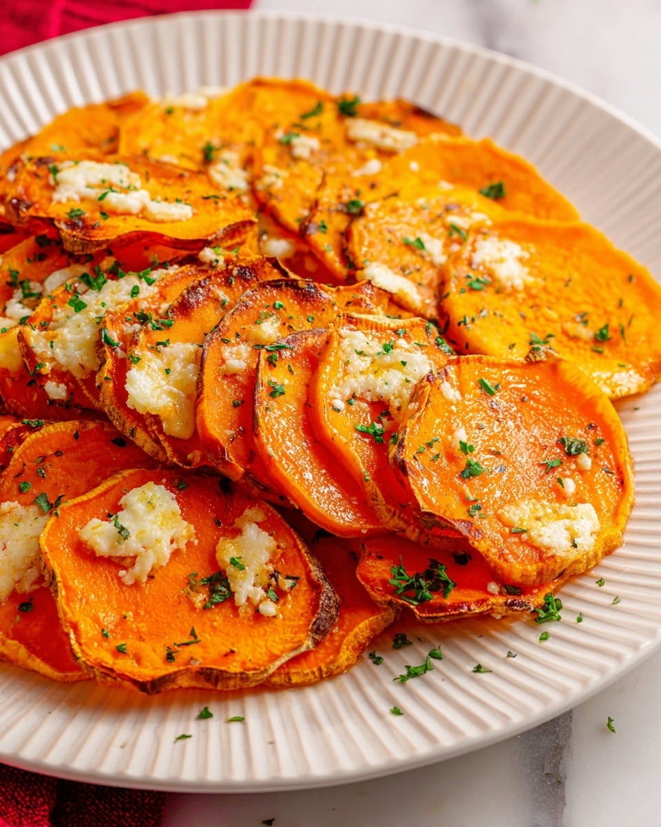 A close-up of a white ridged plate holding a layered dish of thin, round slices of bright orange sweet potatoes arranged in overlapping rows. The layered slices vary from a deeper roasted orange with browned edges to a lighter, soft orange color. On top, there are small dollops of melted white cheese scattered unevenly, melting into the edges of the sweet potatoes. Green chopped herbs are sprinkled over the entire dish, adding small pops of color. The plate sits on a white marbled surface with a hint of a red cloth peeking on the side. photo taken with an iphone --ar 4:5 --v 7