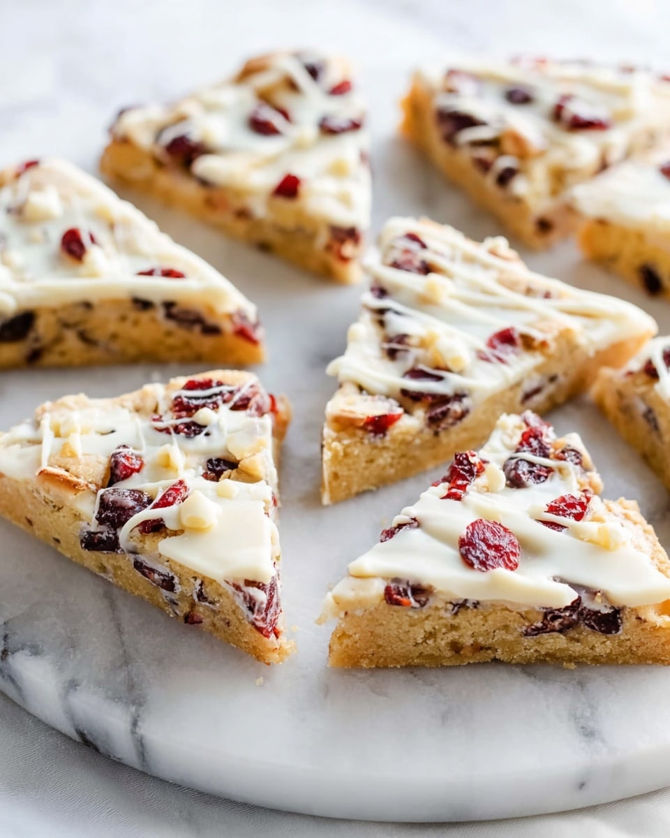 This image shows several triangular dessert bars arranged on a round white marble tray. Each bar has two main layers: the bottom layer is a golden-brown cookie-like base with visible chunks of nuts and dried cranberries. The top layer is creamy white frosting with small pieces of dried cranberries mixed in, drizzled lightly with white chocolate. The texture looks smooth on top and crunchy at the base. The white marbled surface adds a clean and bright setting for the dessert. photo taken with an iphone --ar 4:5 --v 7