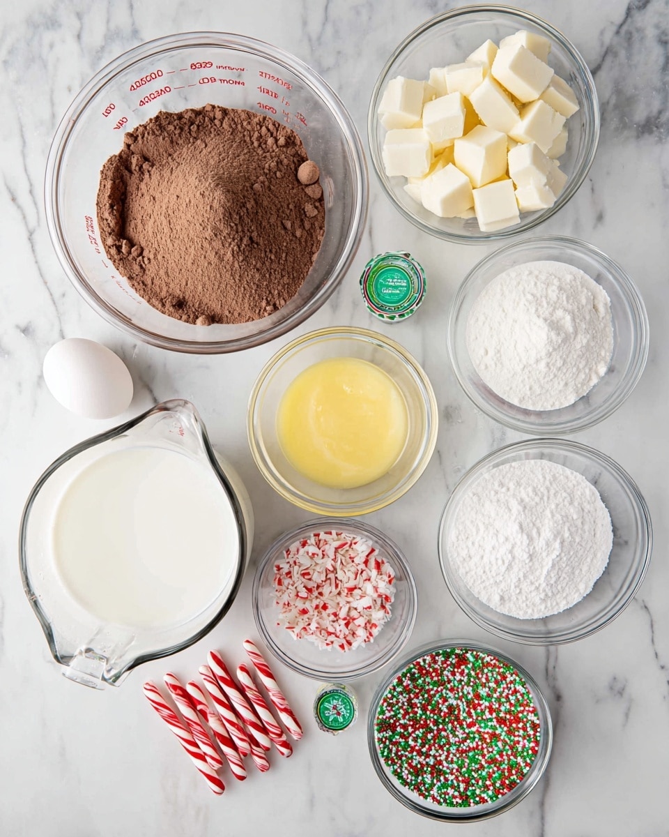 The image shows several clear glass bowls placed on a white marbled surface, each containing different baking ingredients. In the center top, there is a large bowl filled with light brown cocoa powder. To its left, a smaller bowl holds white powdered sugar, and below that, another bowl contains white cubes of butter. On the right side, two small bowls have white powdered vanilla and a beaten yellow egg mixture. At the bottom left, a large measuring cup is full of milk. Next to it, a small bowl holds a whole white egg, and near it, another small bowl has crushed red and white peppermint pieces. To the right bottom, a bowl is filled with colorful green, red, and orange sprinkles, and beside it lie four small red and white striped candy canes. There is also a small green and white bottle cap near the candy canes. The background is a clean white marbled texture. photo taken with an iphone --ar 4:5 --v 7