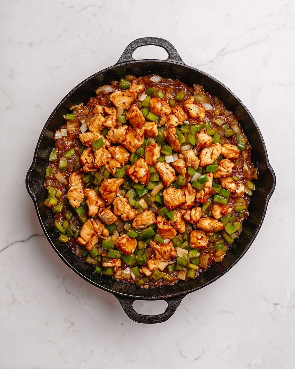 A black cast iron pan is filled with a cooked dish, starting with a bottom layer of brown sauce mixed with chopped green bell peppers and white onions, creating a textured base. On top, there is a pile of golden browned chicken pieces arranged in the center, providing a contrast in color with the vibrant vegetables underneath. The scene is set on a white marbled surface that gives a clean, bright background. photo taken with an iphone --ar 4:5 --v 7