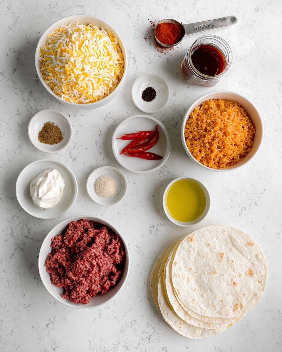 The image shows a cooking setup with several small white bowls and a stack of tortillas on a white marbled surface. In the top right is a white bowl filled with shredded yellow and white cheese. Below and to the right is a white bowl filled with cooked orange rice. To the right of the cheese bowl is a small white bowl with strips of red seasoning or dried peppers. A small white bowl with olive oil sits next to it. Bottom left shows a white bowl filled with raw red ground beef. Above the meat is a small white bowl with four different spices arranged in sections: red, white, black, and light brown powders. Above the spice bowl is a glass container holding dark red sauce or paste. Above that is a small bowl of white sour cream. A single metal measuring spoon with red powder is placed near the top center. A stack of soft, white tortillas is neatly arranged on the bottom right. Photo taken with an iphone --ar 4:5 --v 7