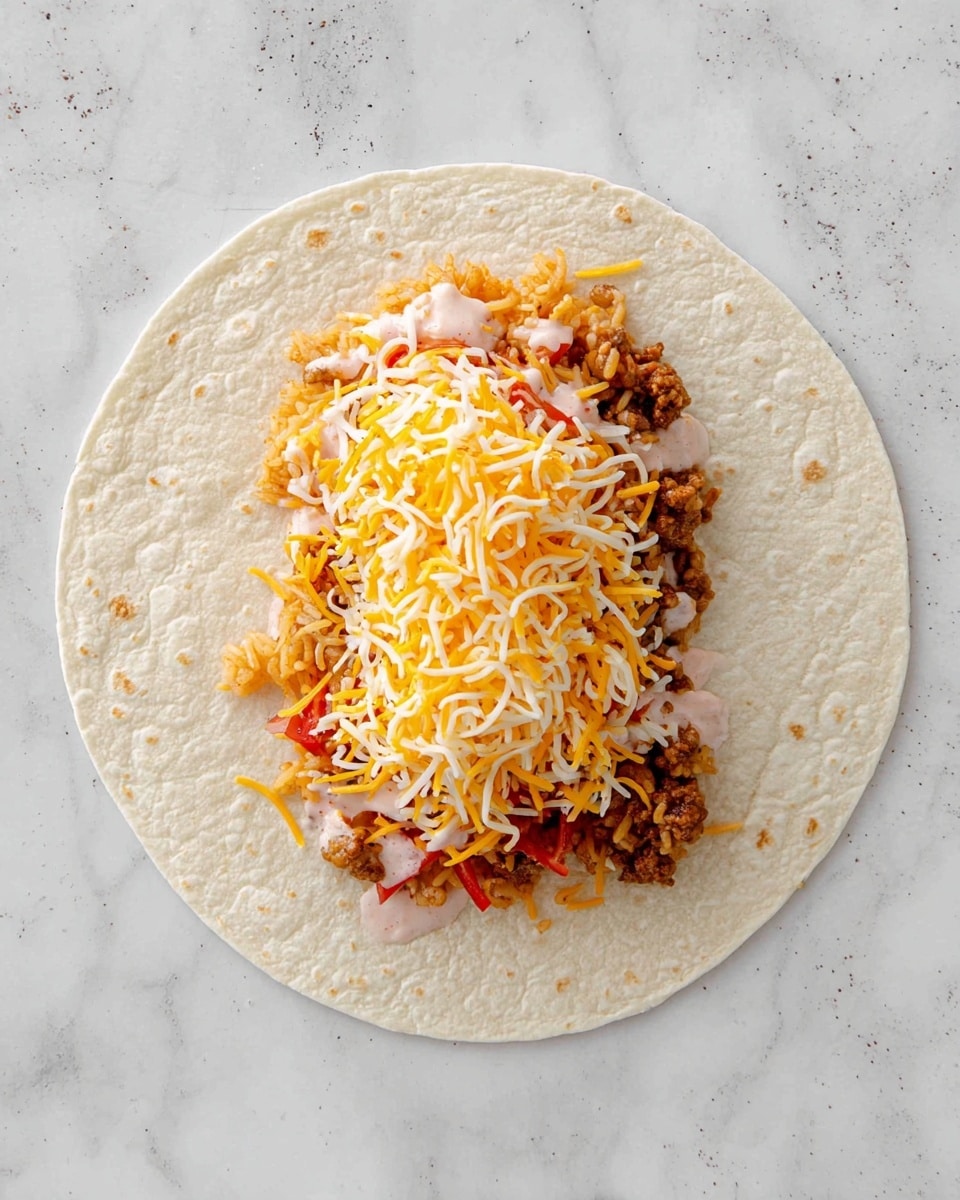 A white soft flat tortilla is open flat on a white marbled surface, holding a layered filling in the center. The first layer is a light pink creamy sauce spread thinly, topped with scattered thin red strips. Above that, there is a layer of brown cooked ground meat mixed with orange rice. The top layer is a mound of shredded cheese in white and yellow colors, covering the filling. The overall look is neat, with each ingredient visible in a horizontal spread across the middle of the tortilla. Photo taken with an iphone --ar 4:5 --v 7