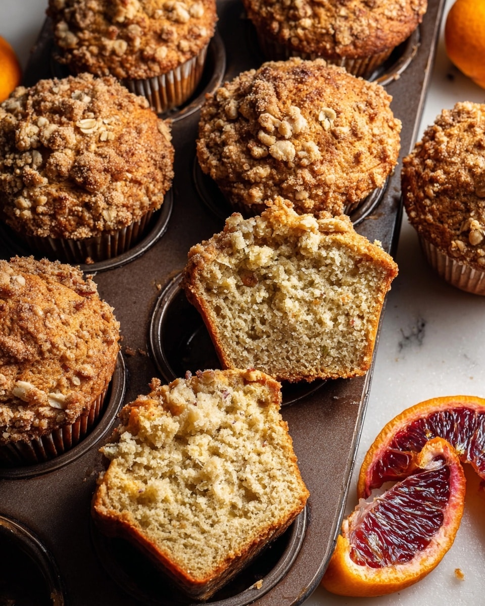 A close-up image shows a dark metal muffin tray placed on a white marbled surface, filled with golden brown muffins topped with crumbly oat streusel. The muffins have a rough textured top layer with visible oat pieces and a moist, light beige inside. One muffin is halved, showing its soft, slightly dense crumb, while another muffin is partly broken to show the inside. In one empty muffin spot near the front, bright red and dark purple blood orange wedges add a fresh pop of color. The warm tones of the muffins contrast with the cool white marbled background. photo taken with an iphone --ar 4:5 --v 7