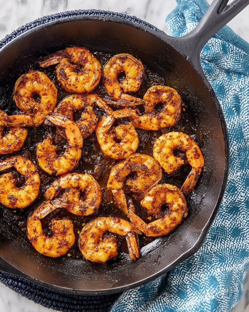 A black cast iron skillet filled with a single layer of about fourteen cooked shrimp arranged in a circular pattern with their tails pointing outward. The shrimp are bright orange with a dark brown crispy seasoning crusting their surface. The skillet sits on a black woven trivet, and a blue and white checkered cloth is partially visible underneath on the right side. The background is a white marbled surface. Photo taken with an iphone --ar 4:5 --v 7