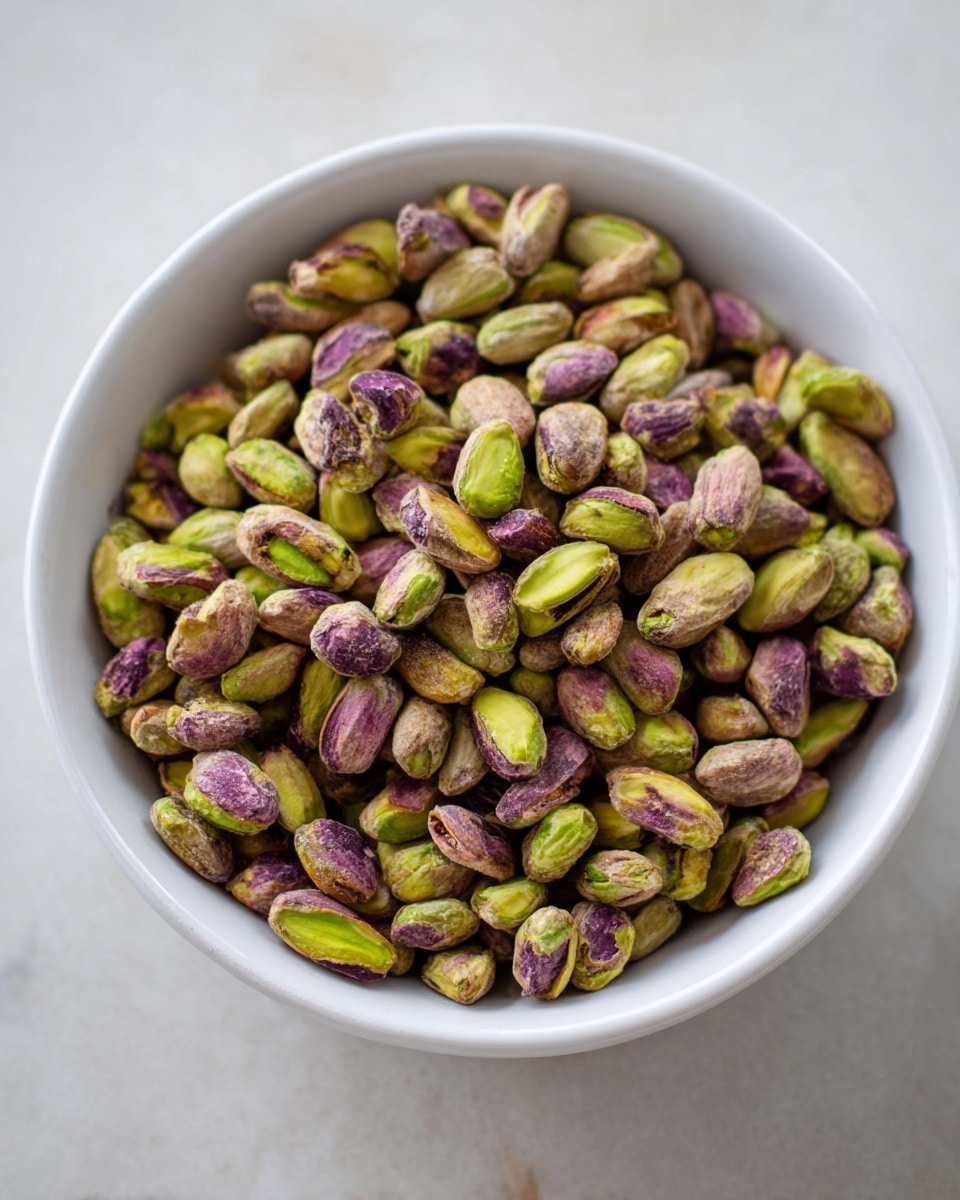 A white bowl is full of shelled pistachios showing a mix of light green, muted purple, and brown colors. The pistachios have a rough yet smooth texture, and they are piled up inside the bowl which sits on a white marbled surface. The image is bright and clear, highlighting the natural colors and shapes of the pistachios. photo taken with an iphone --ar 4:5 --v 7
