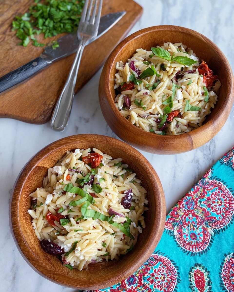 The image shows two wooden bowls filled with a three-layered orzo salad placed on a white marbled surface. The first layer in both bowls is light-colored, tender orzo pasta shaped like little rice. The second layer has small, chopped pieces of bright red sun-dried tomatoes, dark purple olives, and chunks of white feta cheese mixed evenly throughout the orzo. The top layer is garnished with fresh green basil leaves, thinly sliced and scattered over the salad. The background also shows a wooden chopping board with chopped green herbs and a metal knife on the left side, as well as two silver forks resting on a white cloth napkin to the right. A colorful patterned cloth with turquoise, red, and white designs lies beneath the bowls. photo taken with an iphone --ar 4:5 --v 7