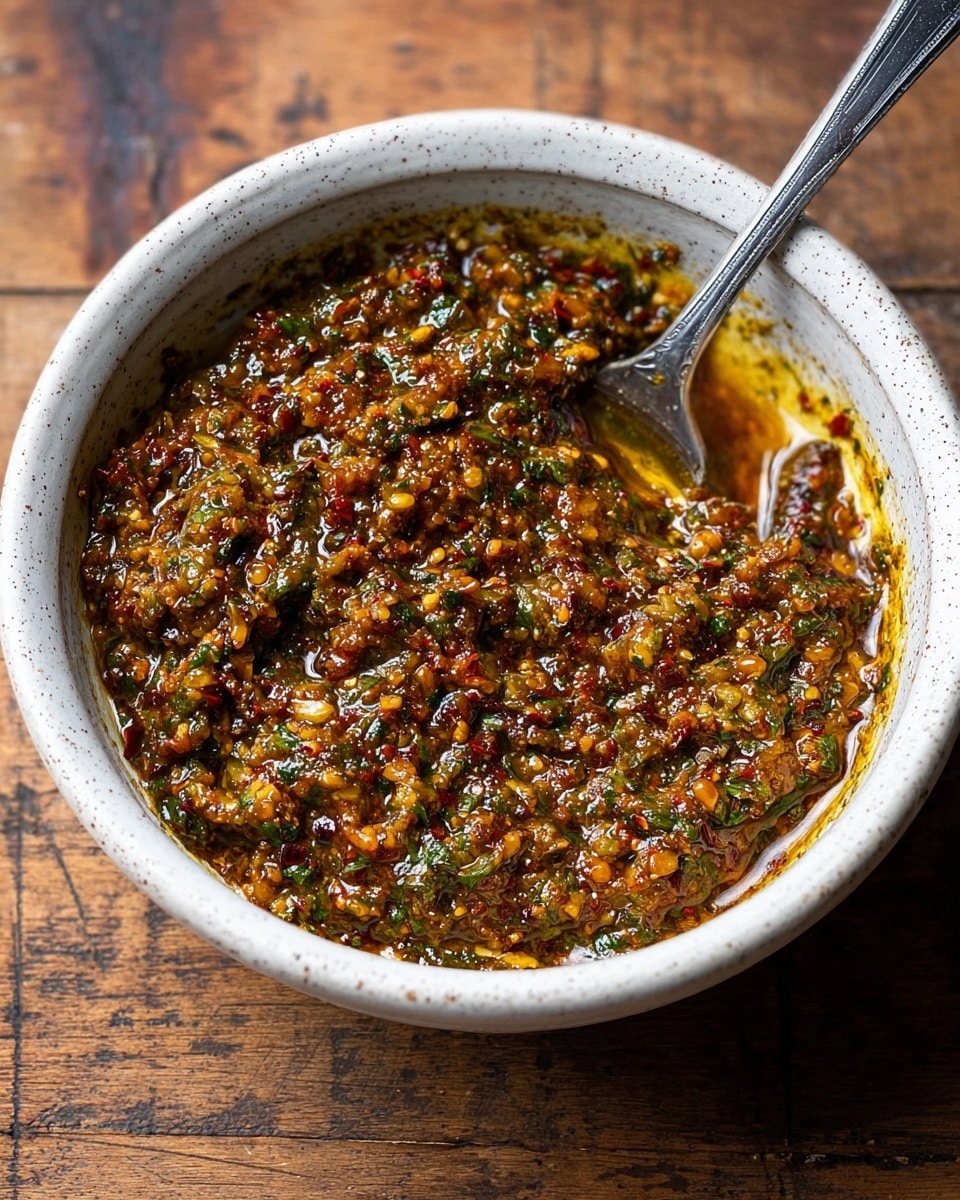 A close-up of a white speckled bowl filled with a thick, textured sauce that has a mix of reddish-brown, green, and yellowish bits, showing chopped herbs and spices throughout. The sauce has an oily shine, giving it a moist and rich look. A shiny metal spoon is resting inside the bowl, partially covered by the sauce. The bowl sits on a wooden surface with a worn and rustic look. photo taken with an iphone --ar 4:5 --v 7