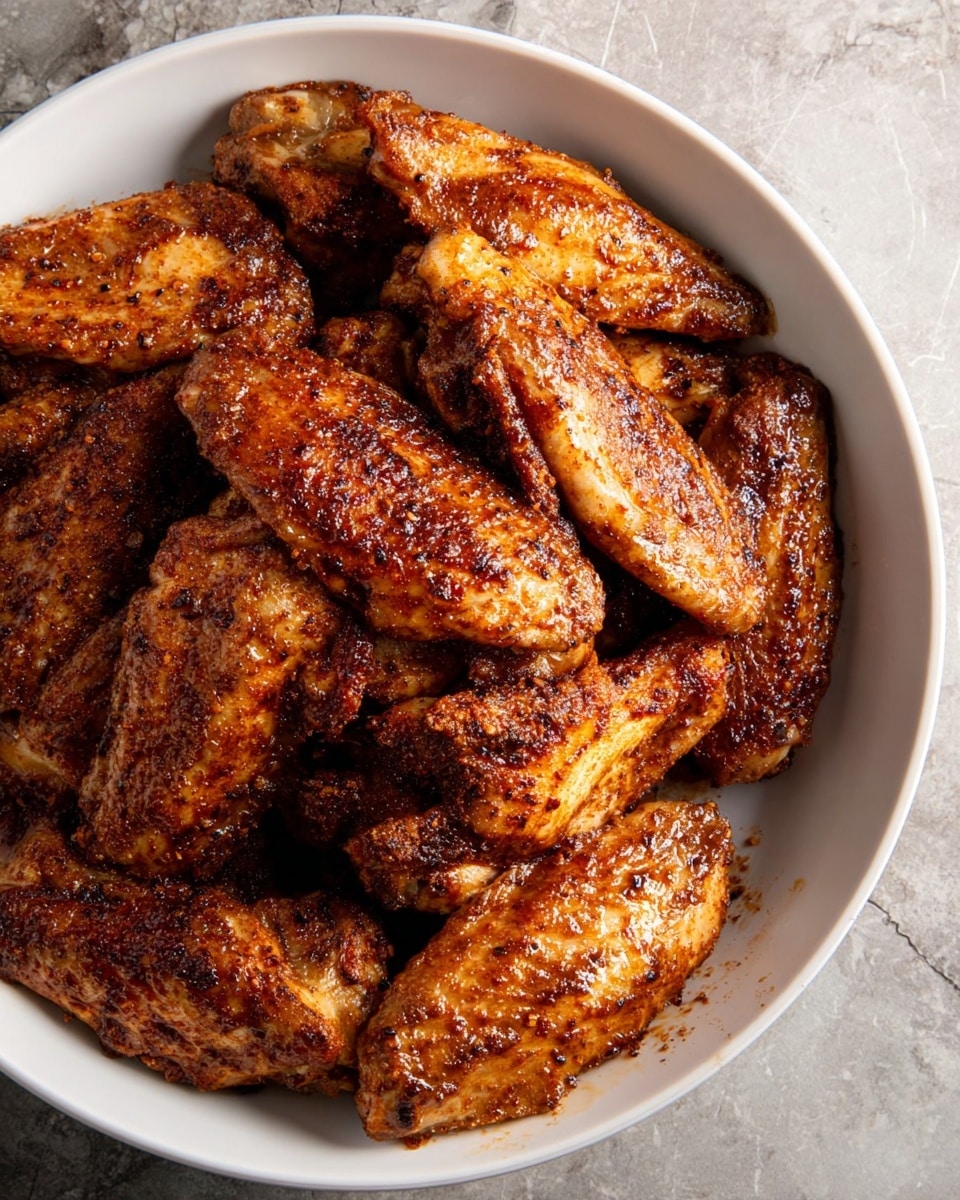 A white bowl filled with multiple pieces of chicken wings, evenly coated in a dark reddish-brown seasoning mix, giving the wings a glossy and slightly speckled appearance. The wings are piled up closely, with some overlapping, showing a mix of smooth and textured surfaces from the skin and seasoning. The bowl rests on a white marbled texture surface. photo taken with an iphone --ar 4:5 --v 7