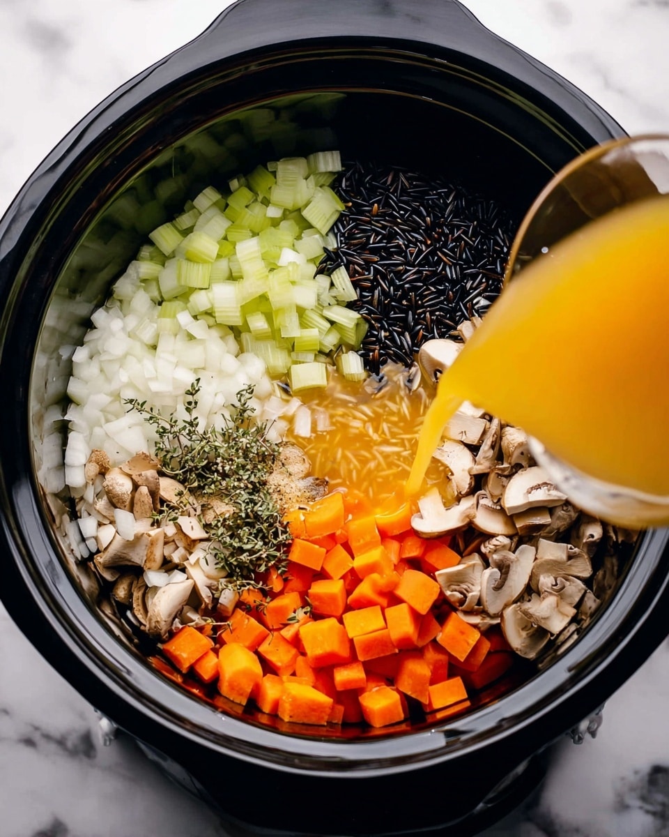 The image shows a black slow cooker filled with many layers of ingredients. At the bottom left, there are small white onion pieces, next to them chopped white garlic. Above these, light green chopped celery is placed. To the right of the garlic and celery, bright orange diced carrots form a neat pile. On top of some carrots and celery, there are many light brown sliced mushrooms with a smooth texture. At the back, dark black wild rice sits in a small heap. Scattered in the middle are some light green herbs and black pepper spices. On the right side of the image, a woman's hand pours bright orange liquid broth over the ingredients, creating movement with splashes visible. The background is a white marbled surface.Photo taken with an iphone --ar 4:5 --v 7