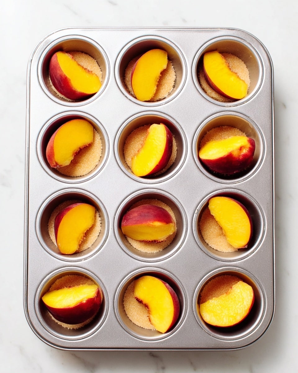 A silver metal muffin tray with nine cups is placed on a white marbled surface. Each cup has a base layer of light brown sugar with two or three fresh peach slices on top. The peach slices are bright orange-yellow with a smooth, slightly shiny texture and some red peel visible on the edges. The peach slices are arranged flat and slightly overlapping inside each cup. The tray has a simple, clean look with slight shadows inside the cups showing the texture of the sugar. Photo taken with an iphone --ar 4:5 --v 7