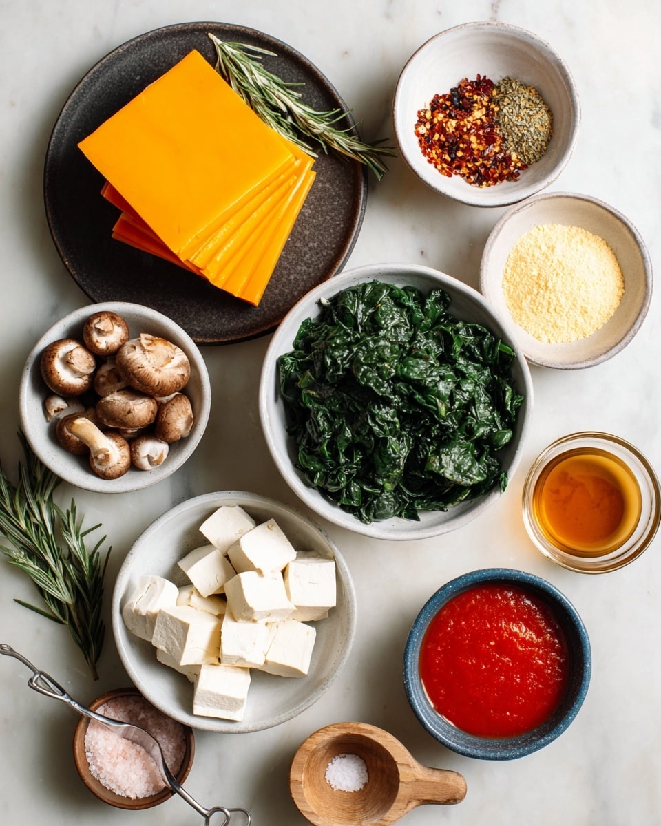 A flat lay image of various cooking ingredients arranged on a white marbled surface. In the center is a dark bowl holding bright orange cheese slices stacked in layers. To the bottom left, a white bowl contains several white tofu cubes. Below right, a white bowl is filled with dark green frozen chopped spinach. To the top left, a white bowl with small round brown mushrooms and fresh rosemary sprigs sits. Next to it, a small bowl holds red chili flakes mixed with dried green herbs. On the top right, a white bowl with light yellow powder is placed. A small blue bowl with smooth red tomato sauce is near the center right, with a small wooden cup of liquid and a tiny glass cup of amber liquid nearby. Three garlic cloves rest near the tomato sauce bowl. A small spoon with pink salt is at the bottom left. All items are neatly spaced, highlighting their textures and colors clearly. photo taken with an iphone --ar 4:5 --v 7