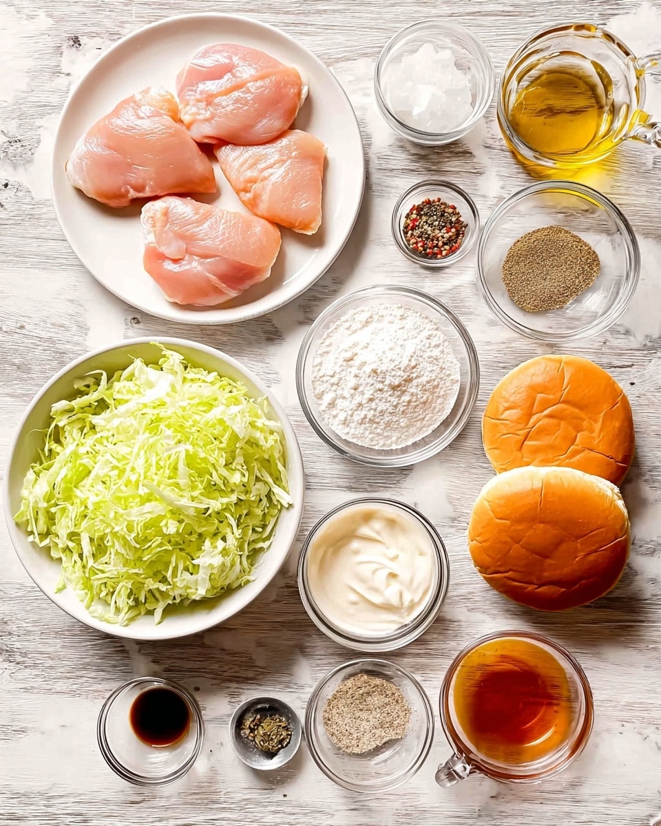 The image shows a top view of several cooking ingredients arranged neatly on a white marbled surface. In the center left, there is a white plate holding four pieces of raw chicken with a light pink color. Above it is a white bowl filled with shredded green lettuce. Next to the bowl are two soft golden brown hamburger buns side by side. Surrounding these main items are small clear glass bowls containing white flour, powdered sugar, black pepper, salt, various dry seasonings, a measuring cup with creamy white mayonnaise, and a cup with a light amber liquid. The setup is bright and clean, ready for cooking. photo taken with an iphone --ar 4:5 --v 7