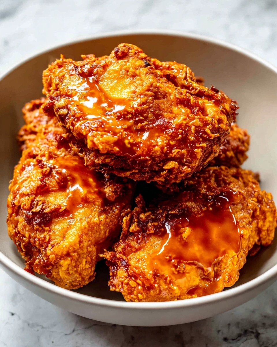 The image shows a white bowl filled with three pieces of crispy fried chicken stacked on top of each other. The chicken has a textured, crunchy coating with a golden brown color mixed with darker areas from frying. A shiny, amber-colored sauce is drizzled over the top, giving the chicken a glossy, slightly wet look. The background has a white marbled texture. photo taken with an iphone --ar 4:5 --v 7