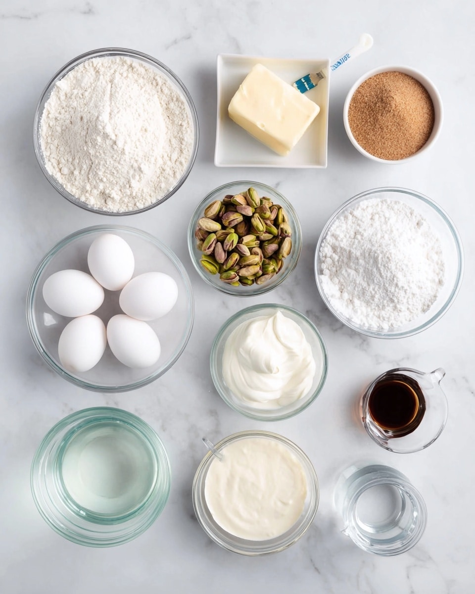 A top view of various baking ingredients neatly arranged on a white marbled surface. There are three white eggs placed near the center, above them is a small clear glass bowl filled with green and brown pistachio nuts. To the left, a large clear glass bowl holds white flour. Above it is a small white dish with a square of pale yellow butter and a stick of butter with blue markings. Next to the butter, a small clear bowl contains brown sugar. On the right side, a large clear glass bowl is filled with white powdered sugar. Above it is another small clear bowl with a white creamy substance. Below the powdered sugar is a small clear bowl with a pale beige liquid. Near the bottom right is a white bowl with baking powder or baking soda. Near the center is a small dark brown glass bottle holding vanilla extract, and to the right of the eggs is a clear glass cup of water. photo taken with an iphone --ar 4:5 --v 7