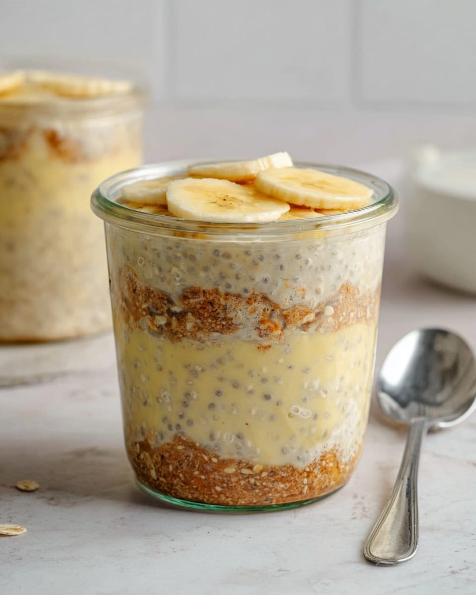The image shows a glass jar with three visible layers and slices of banana pressed against the inside. The bottom layer is light brown, crumbly, and looks like crushed nuts or oats. The middle layer is pale yellow with visible banana slices embedded in it, creating a smooth texture. The top layer is a creamy oat mixture with small dark seeds scattered throughout, filling the jar to the top. The jar is placed on a white marbled surface, with a silver spoon beside it, and another jar blurry in the background. Photo taken with an iphone --ar 4:5 --v 7