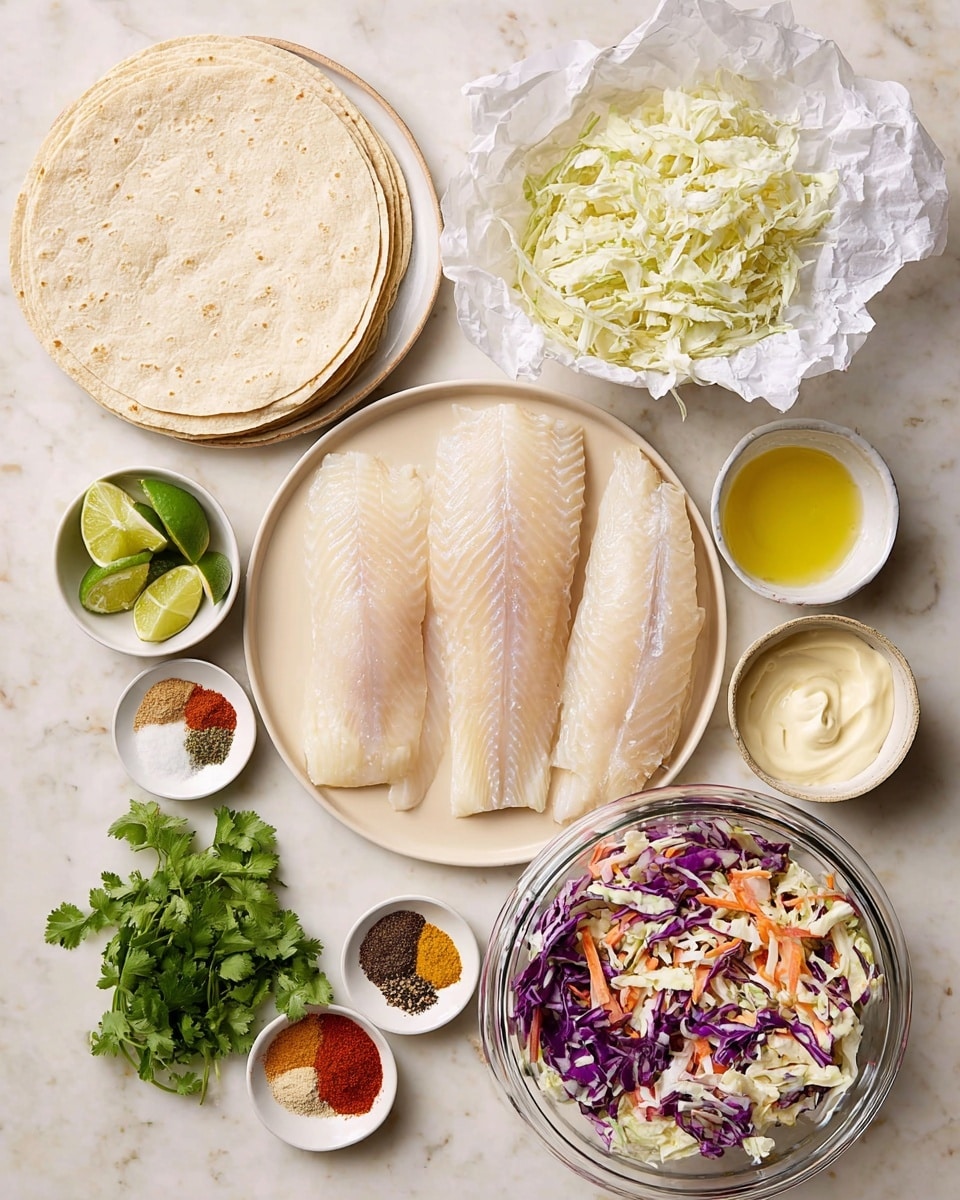 The image shows a white plate with four uncooked fish fillets, pale with slight pink tints, placed on crumpled white parchment paper at the top right. Below the fish is a clear glass bowl filled with shredded cabbage mix in white, purple, and some orange carrot strips. To its left, a stack of white corn tortillas rests on a plain beige plate. Around these main items are small white bowls holding fresh green cilantro leaves, two lime halves cut open, a mix of colorful spices arranged in an overlapping pattern on a white small plate, minced garlic on another small white plate, creamy sauce swirled in a small white ramekin, light yellow oil in a small bowl, and a mix of salt and black pepper in another small bowl. The surface beneath all items is a white marbled texture photo taken with an iphone --ar 4:5 --v 7