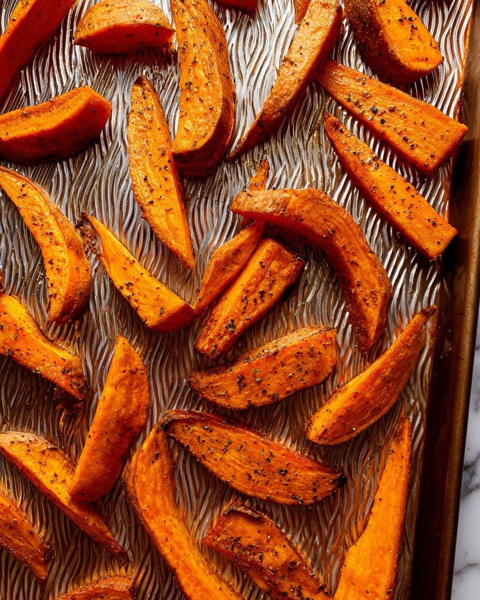 The image shows a baking tray with about 25 pieces of roasted orange sweet potato wedges scattered evenly. Each wedge has a slightly crispy, browned outer surface with visible seasoning specks of herbs and pepper. The sweet potato pieces vary in thickness and length, lying on a silver tray with a zigzag pattern texture. The light highlights the glossy, cooked skin and the soft, textured inside of the wedges. The background is a white marbled surface. photo taken with an iphone --ar 4:5 --v 7