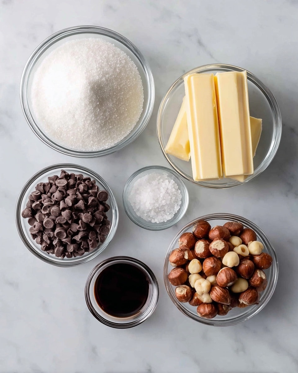 Six clear glass bowls are arranged on a white marbled surface. In the top left is a bowl full of white sugar with a fine, granular texture. To the right of it is a bowl holding three rectangular sticks of pale yellow butter. Below the sugar is a bowl filled with small dark brown chocolate chips. In the center is a small bowl with coarse white sea salt. To the right of the salt is a bowl filled with round, brown hazelnuts with some light patches. At the bottom center is a small bowl containing a dark liquid, likely vanilla extract. Photo taken with an iphone --ar 4:5 --v 7